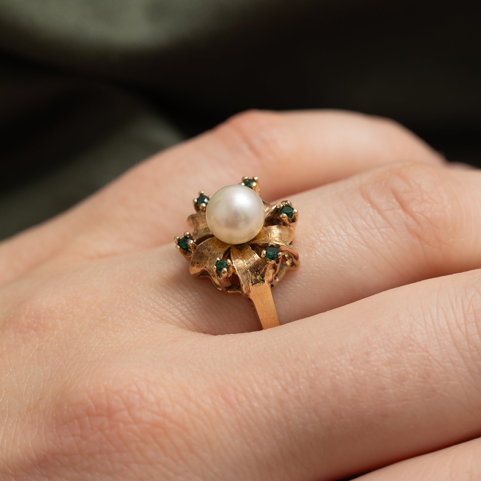Pearl & Simulant Emerald Doublet Cocktail Ring | 0.12ctw | SZ 8.25