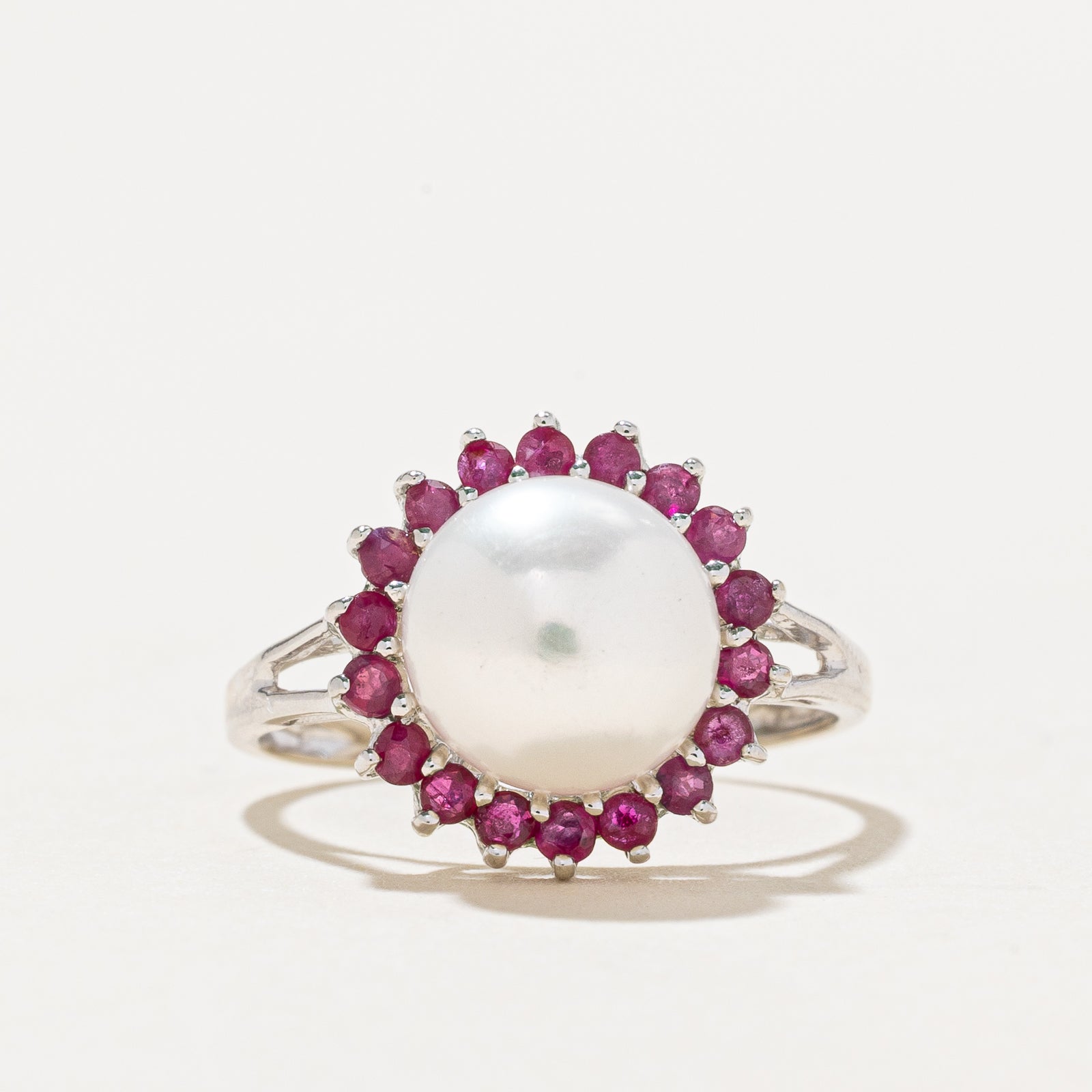 14k Ruby & Pearl Halo Ring | 0.27ctw | SZ 5