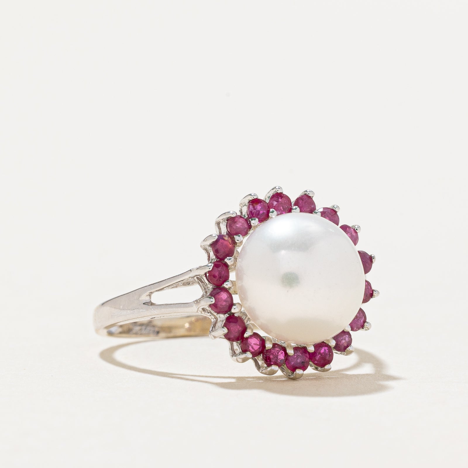14k Ruby & Pearl Halo Ring | 0.27ctw | SZ 5