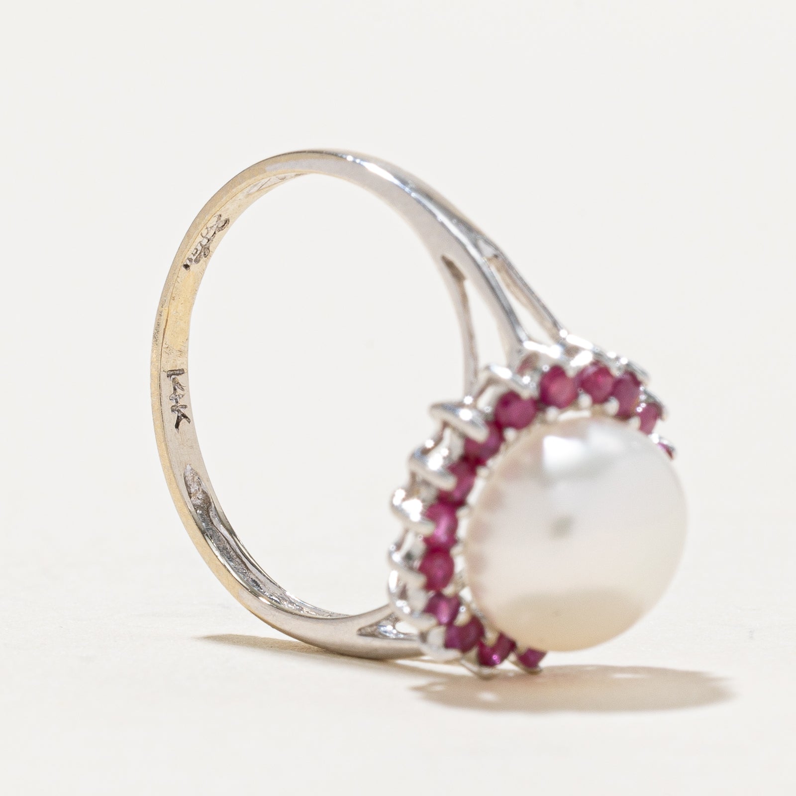 14k Ruby & Pearl Halo Ring | 0.27ctw | SZ 5