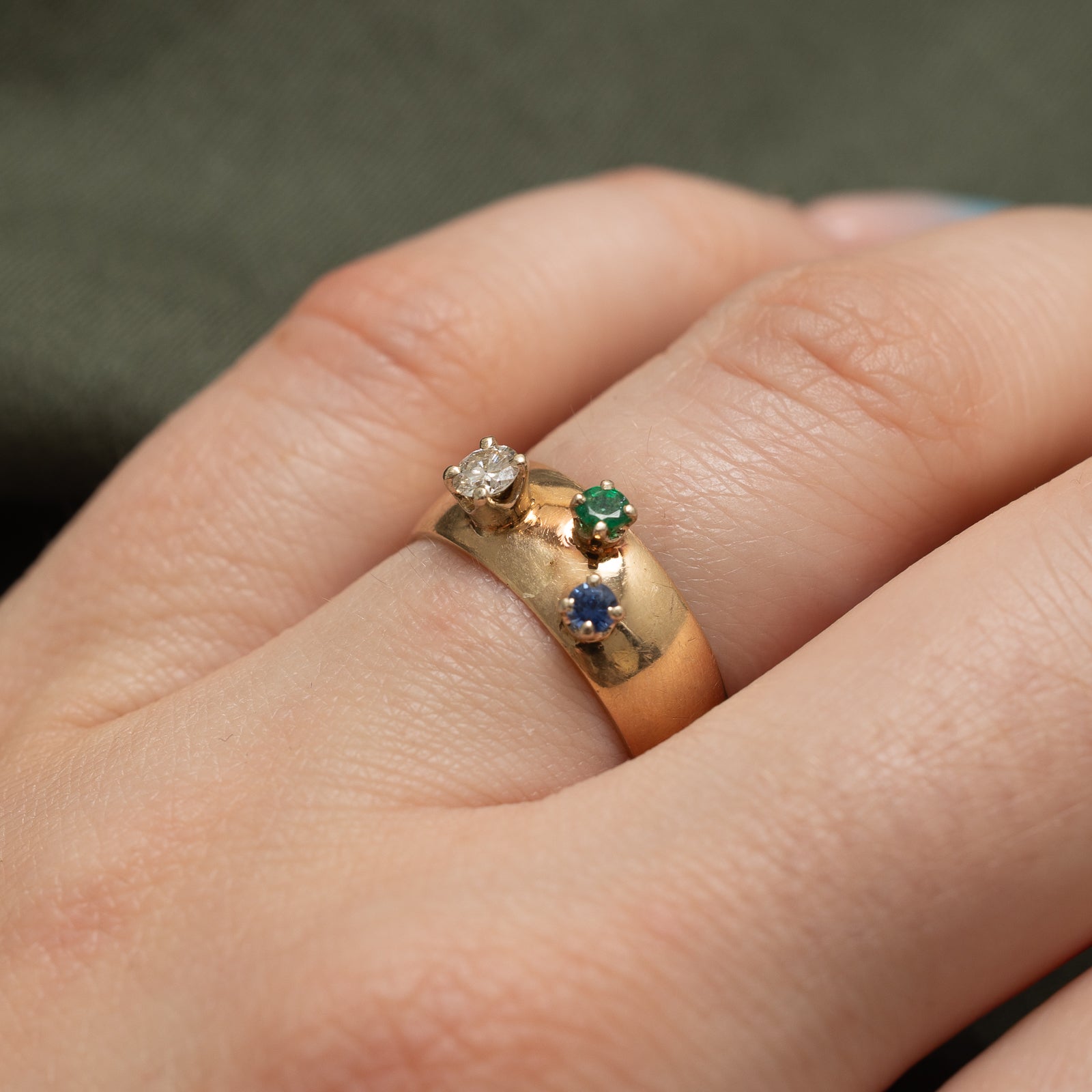 Three Stone Diamond, Sapphire & Emerald Band | 0.14ct, 0.10ctw | SZ 5.75