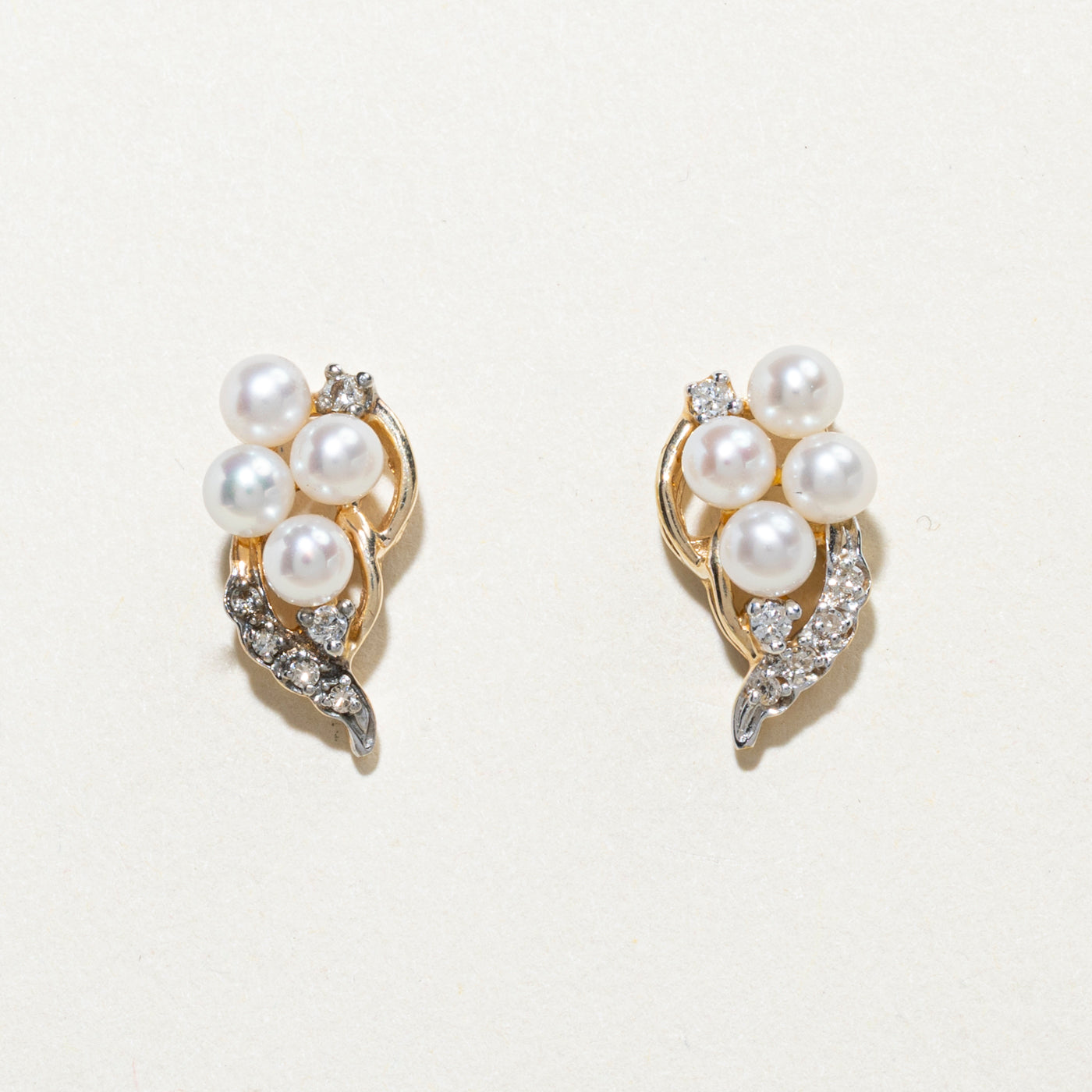 10K Pearl & Diamond Leafy Cluster Stud Earrings | 0.12ctw