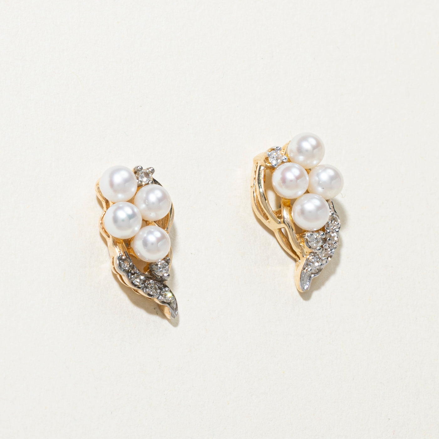 10K Pearl & Diamond Leafy Cluster Stud Earrings | 0.12ctw