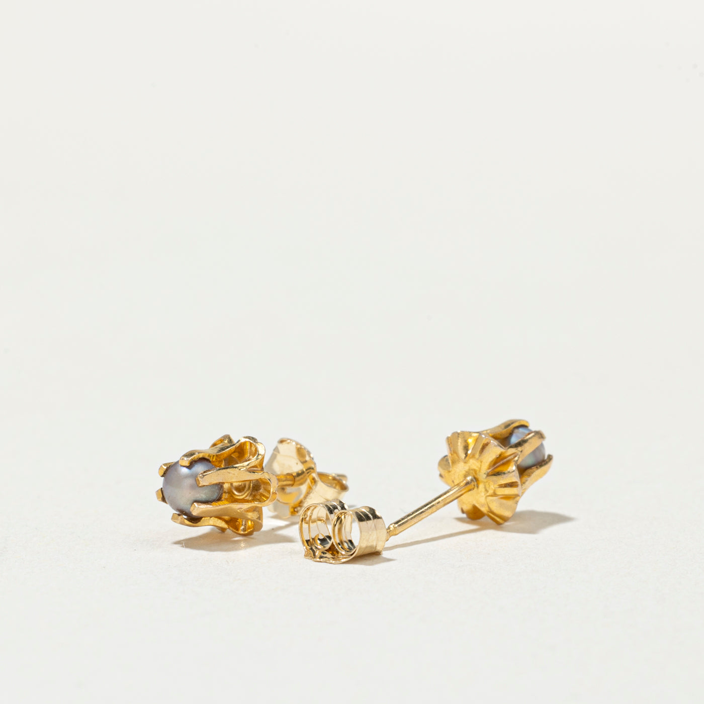 14K Belcher Set Pearl Floral Stud Earrings