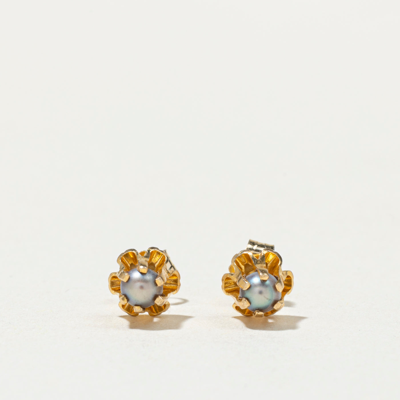 14K Belcher Set Pearl Floral Stud Earrings