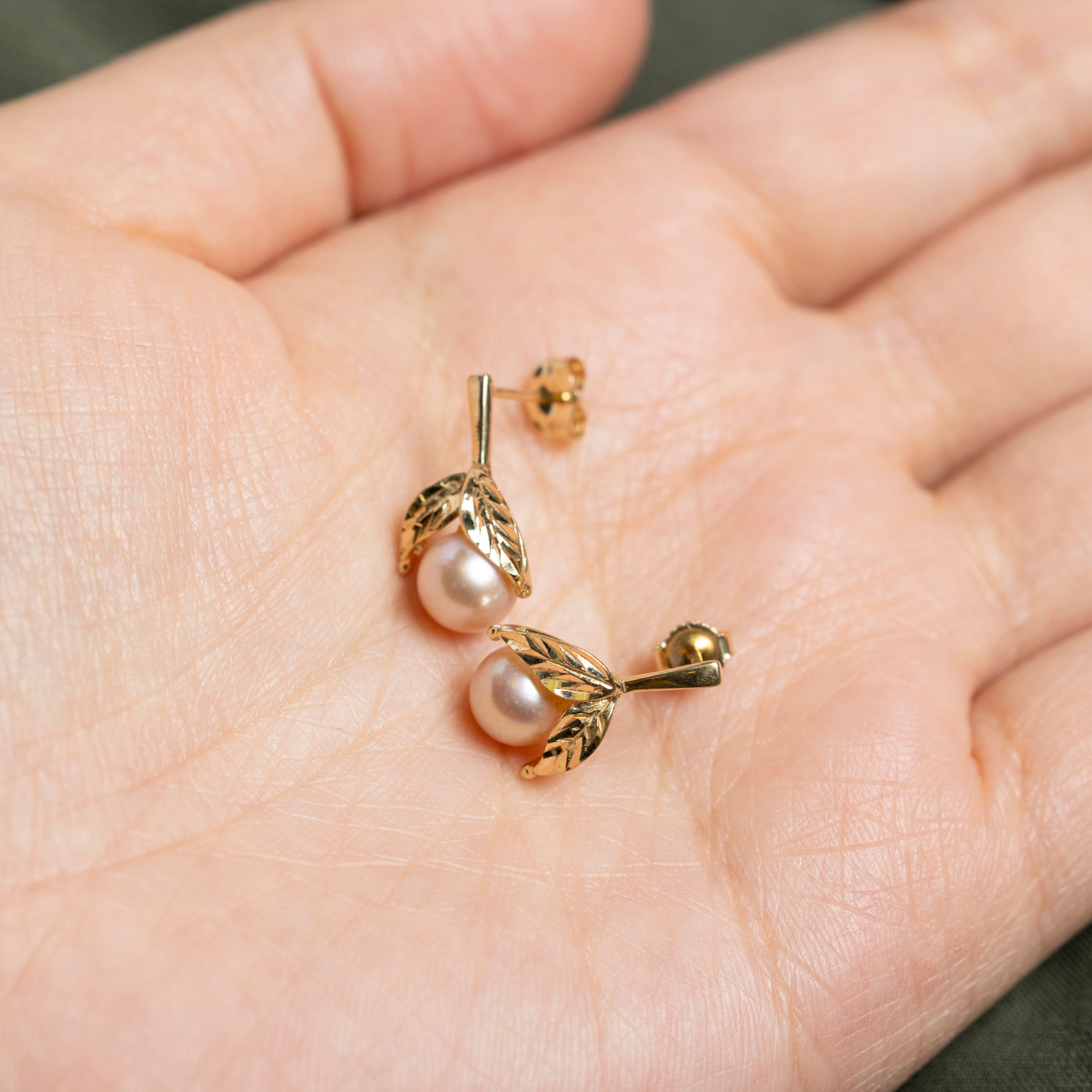 14K Pearl Leafy Drop Earrings