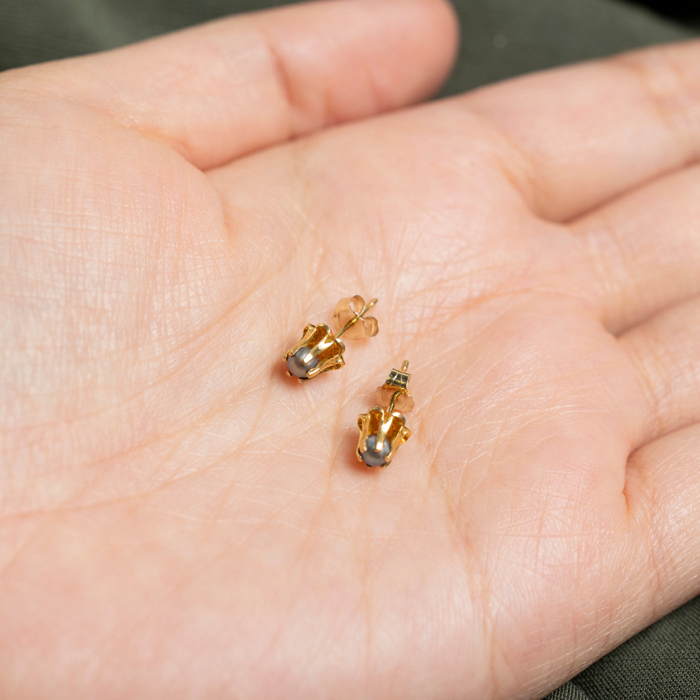 14K Belcher Set Pearl Floral Stud Earrings