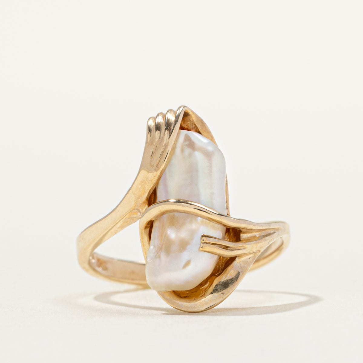 10k Solitaire Baroque Pearl Abstract Cocktail Ring | SZ 6