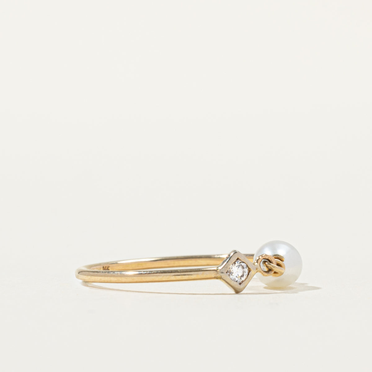 10k Pearl & Diamond Chain Linked Ring | 0.03ct | SZ 5.25