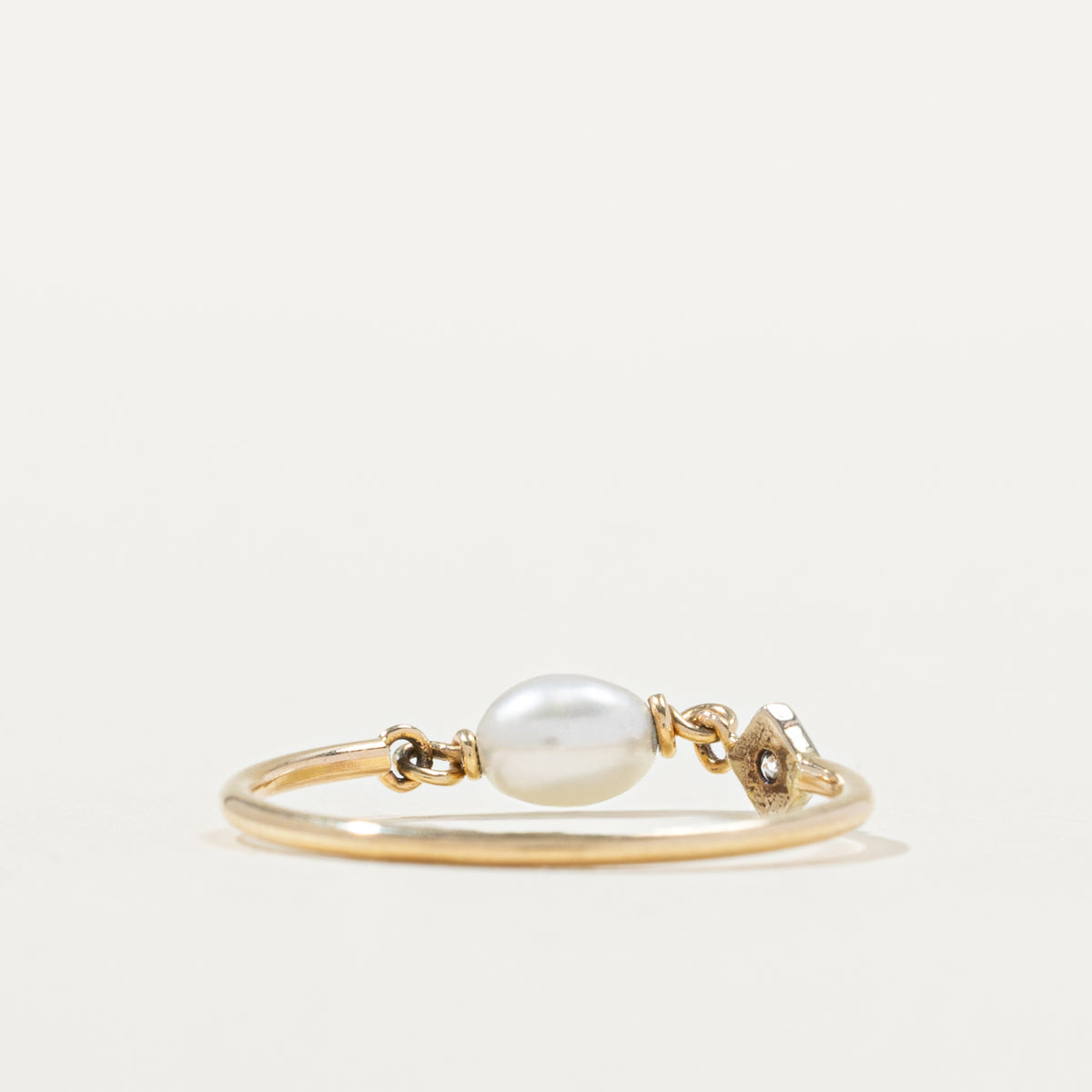 10k Pearl & Diamond Chain Linked Ring | 0.03ct | SZ 5.25