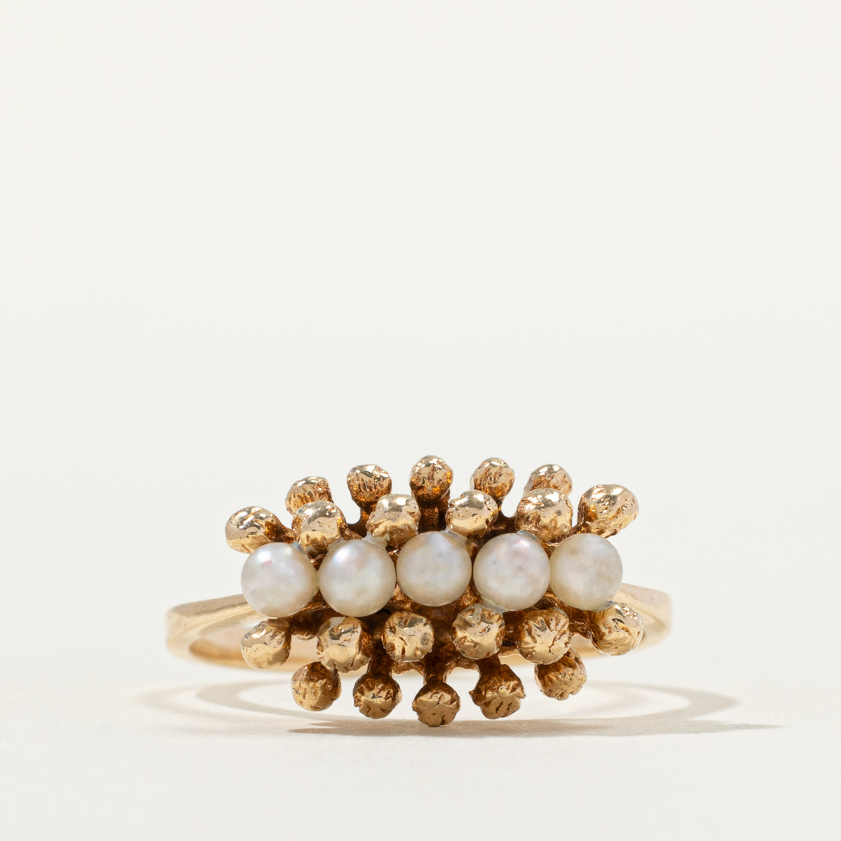 14k Five Stone Pearl Column Textured Beaded Ring | SZ 6.75