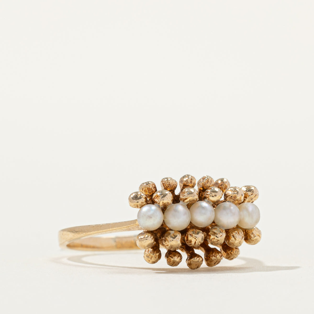 14k Five Stone Pearl Column Textured Beaded Ring | SZ 6.75