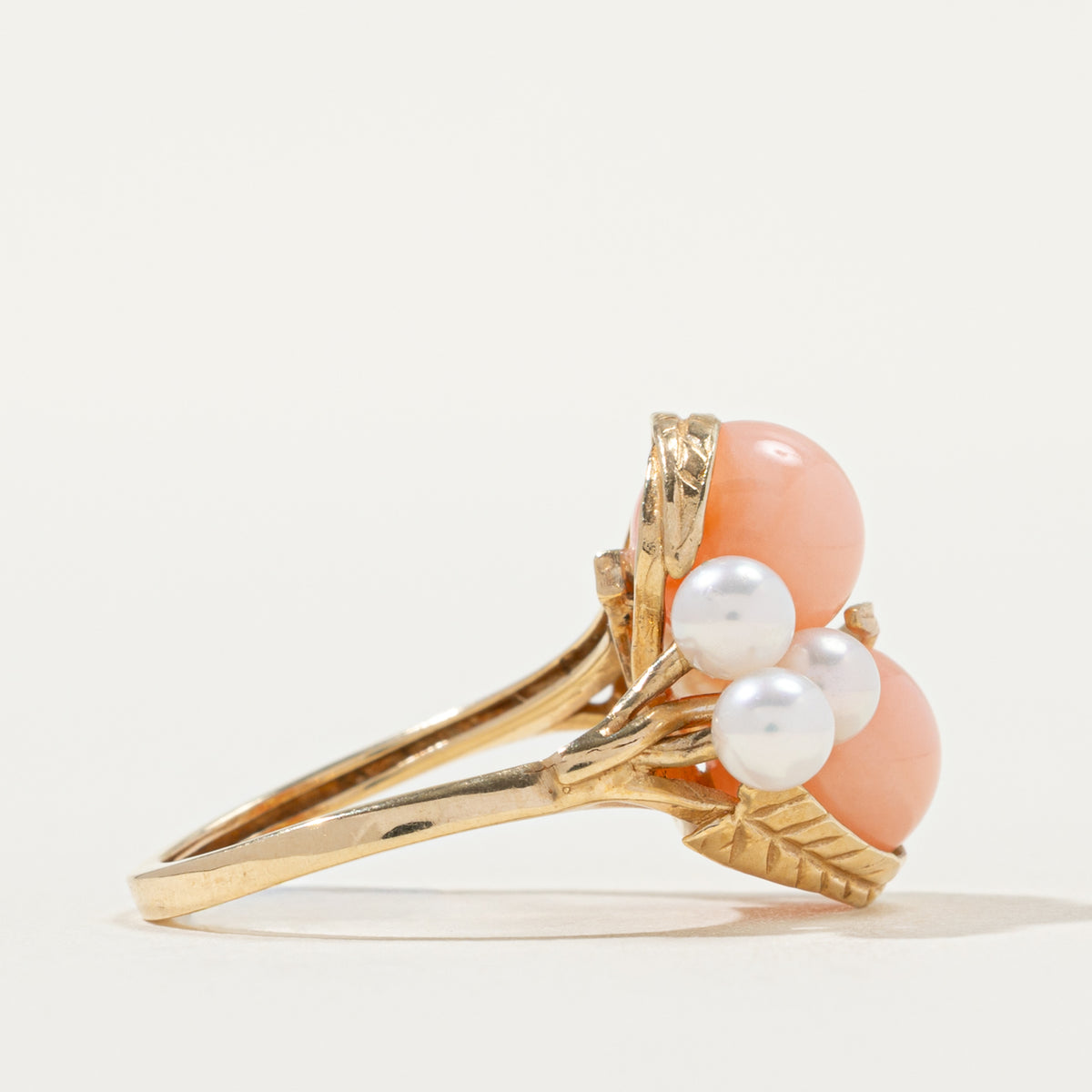 14k Coral & Pearl Engraved Floral Cocktail Ring | 5.80ctw | SZ 5.25
