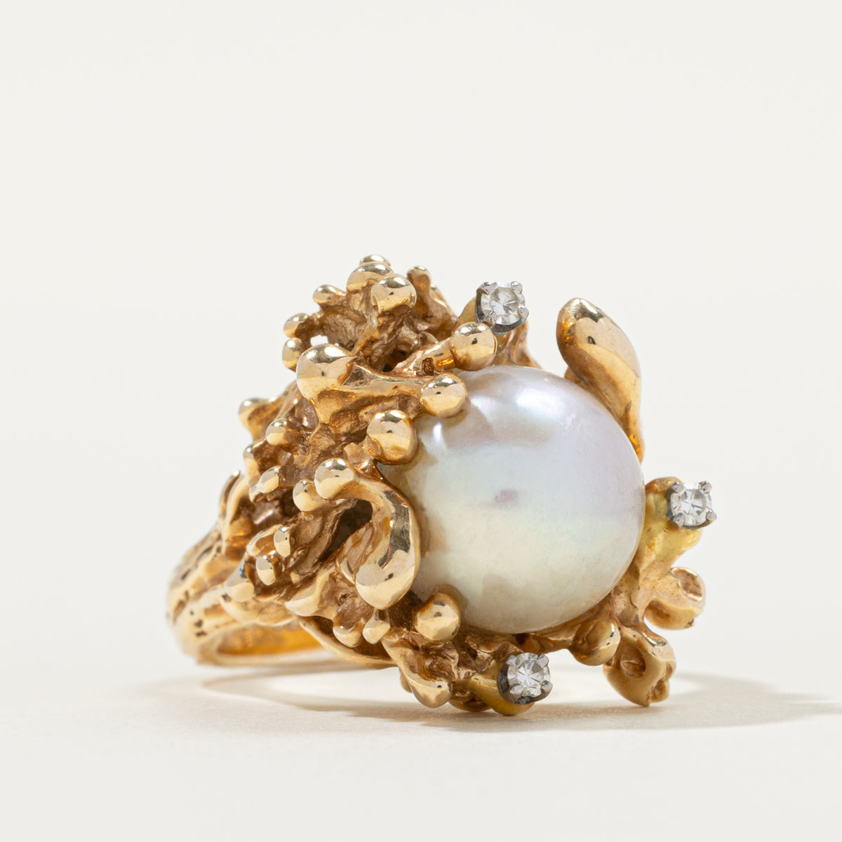 14k Pearl & Diamond Accented Nuggety Cocktail Ring | 0.06ctw | SZ 6