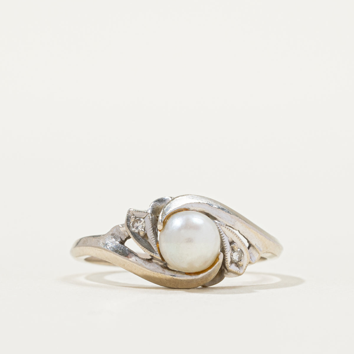 14k Pearl & Diamond Accented Milgrain Bypass Ring | 0.02ctw | SZ 7