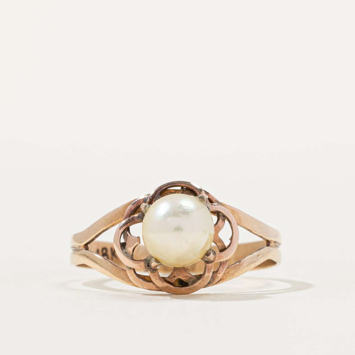 18k Solitaire Pearl Openwork Floral Ring | SZ 10.25