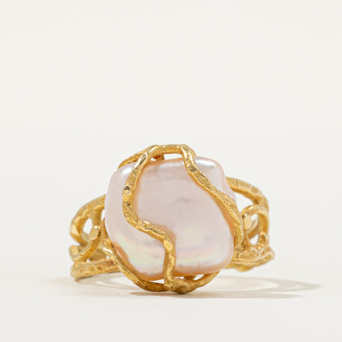 20k Solitaire Pearl Openwork & Nuggety Cocktail Ring | SZ 8.25