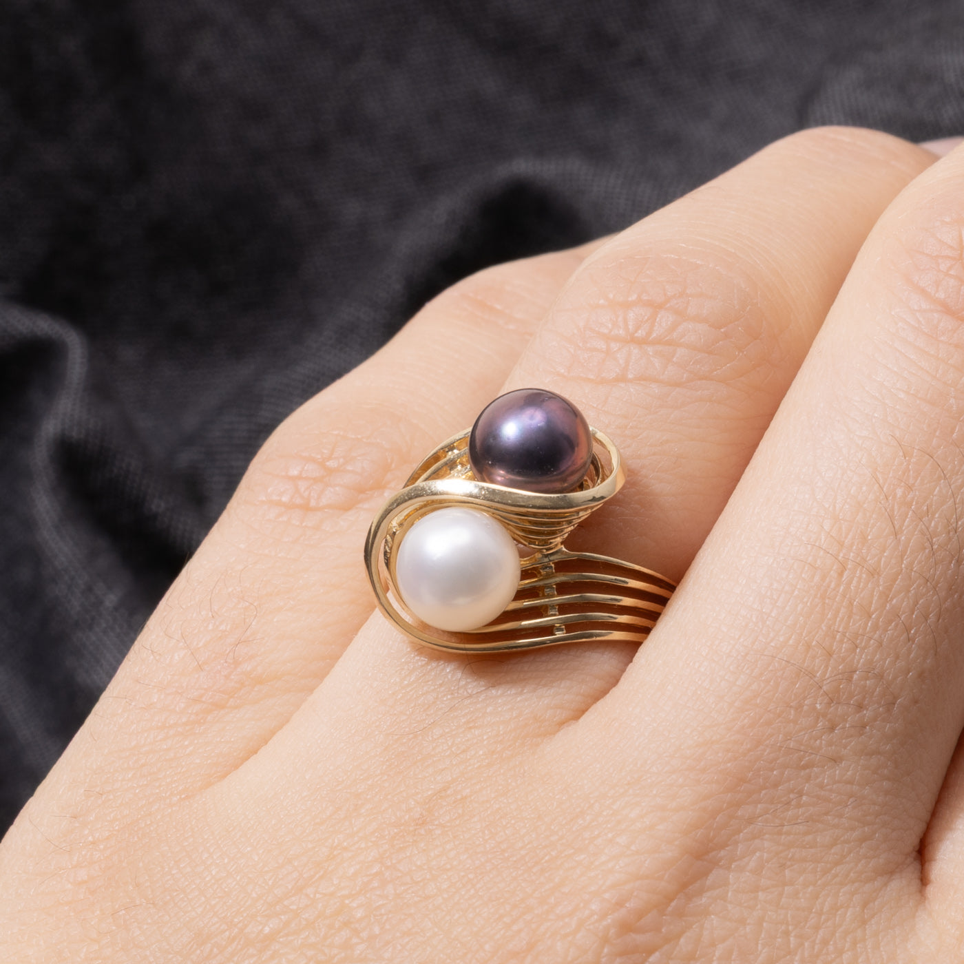 14k Two Stone Pearl Grooved Bypass Ring | SZ 6.25