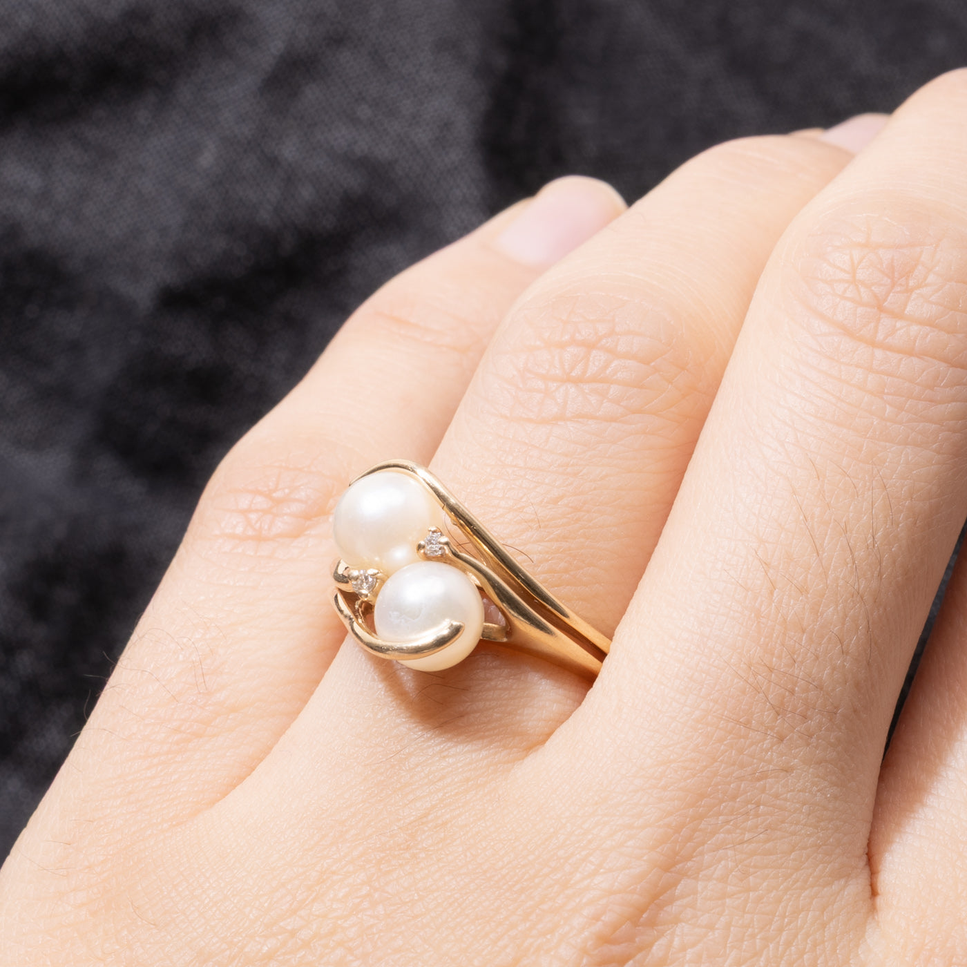 14k Two Stone Pearl & Diamond Bypass Ring | SZ 6