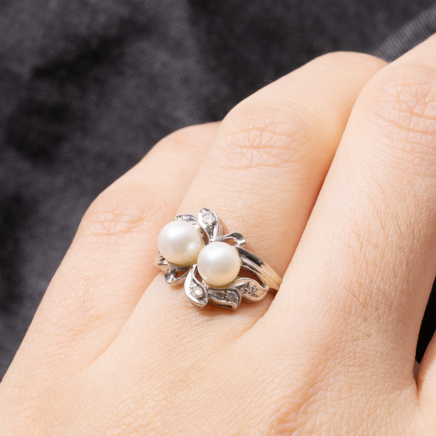 14k Two Stone Pearl & Diamond Floral Ring | SZ 4.25