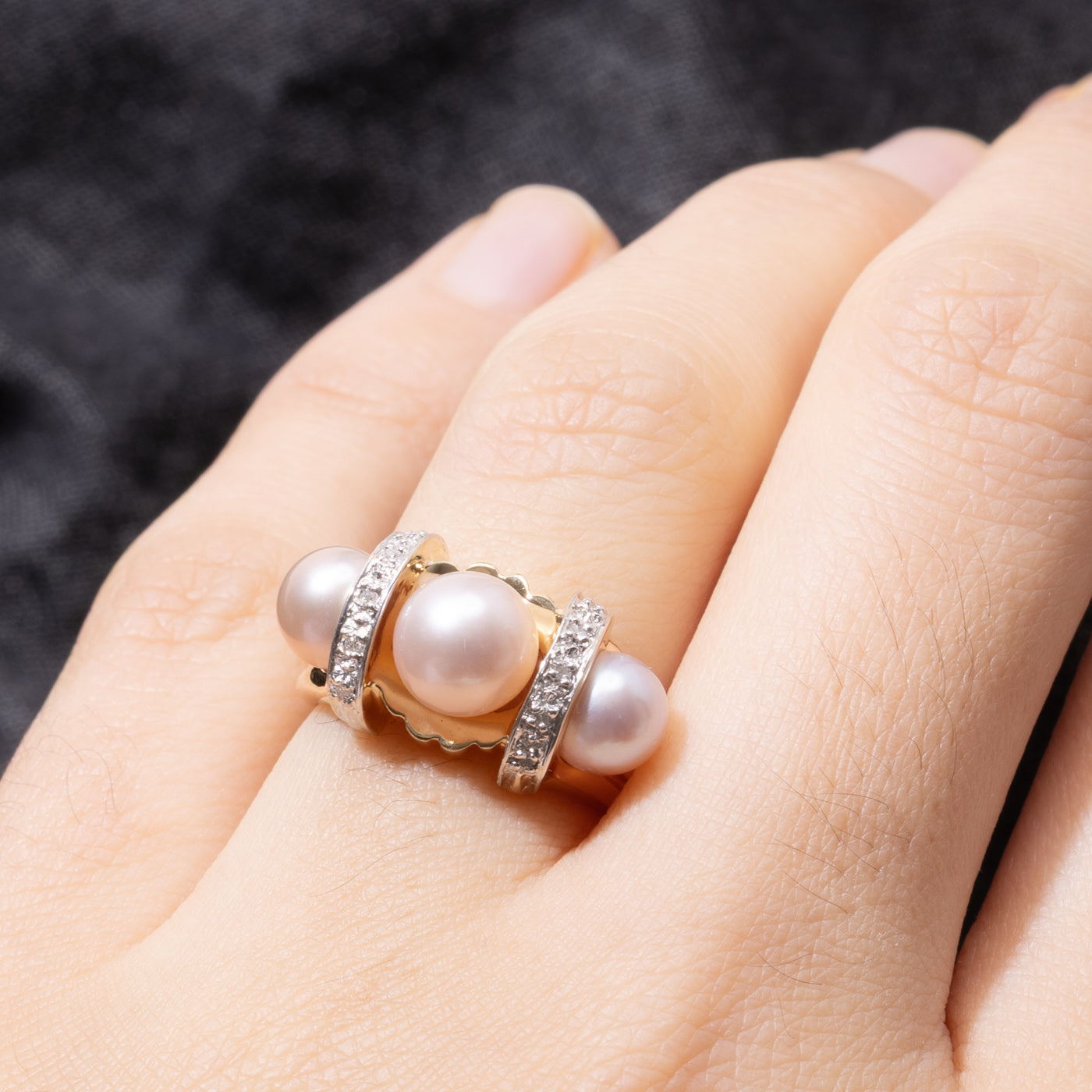 14k Three Stone Pink Pearl & Diamond Ring | SZ 5.25
