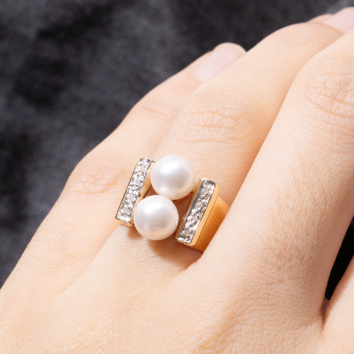 14k Two Stone Pearl & Diamond Cocktail Ring | SZ 6