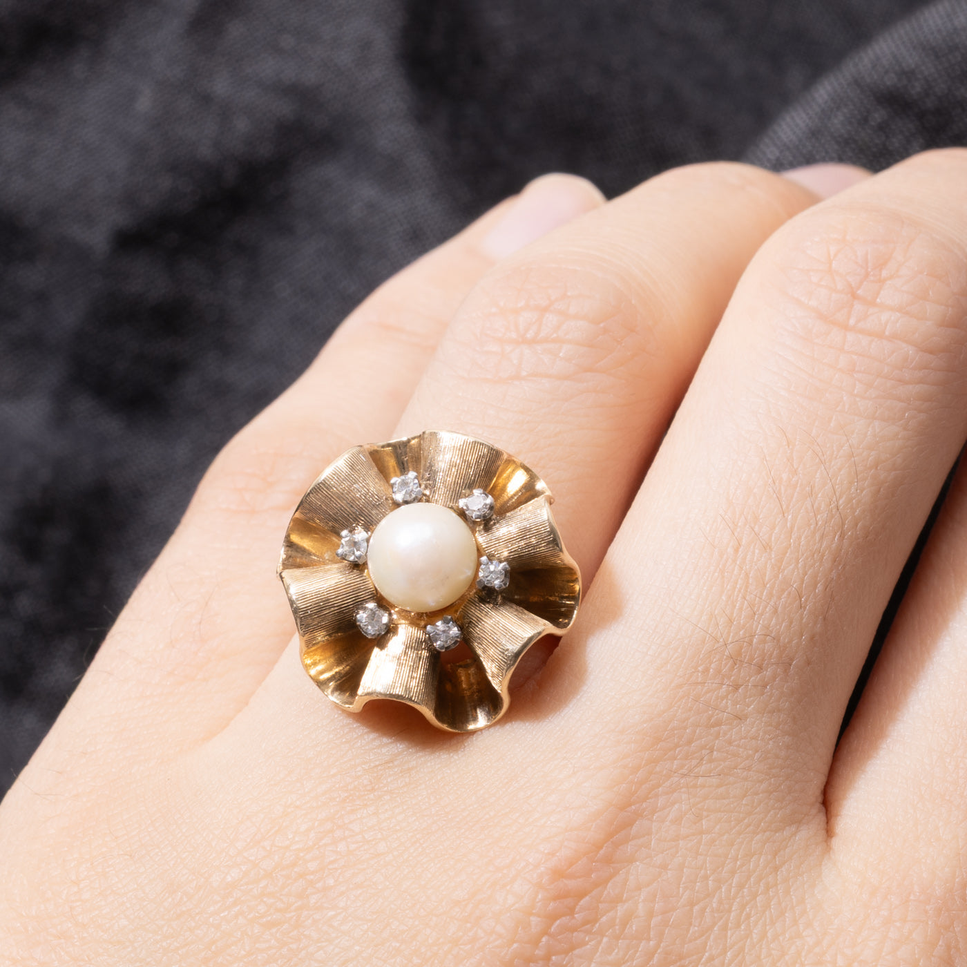 14k Pearl & Diamond Floral Cocktail Ring | SZ 7.75