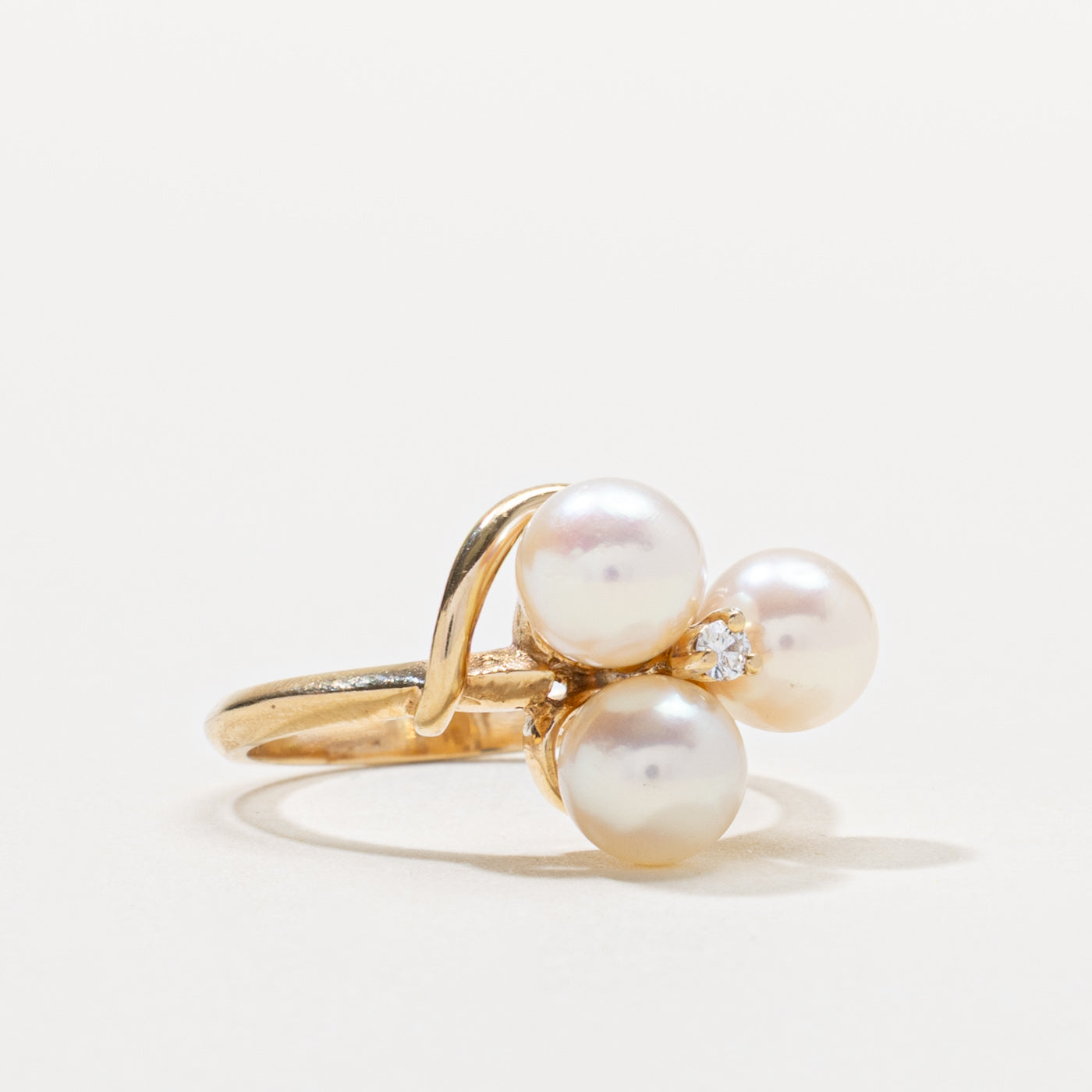 14k Three Stone Pearl & Diamond Cluster Ring | SZ 5.75
