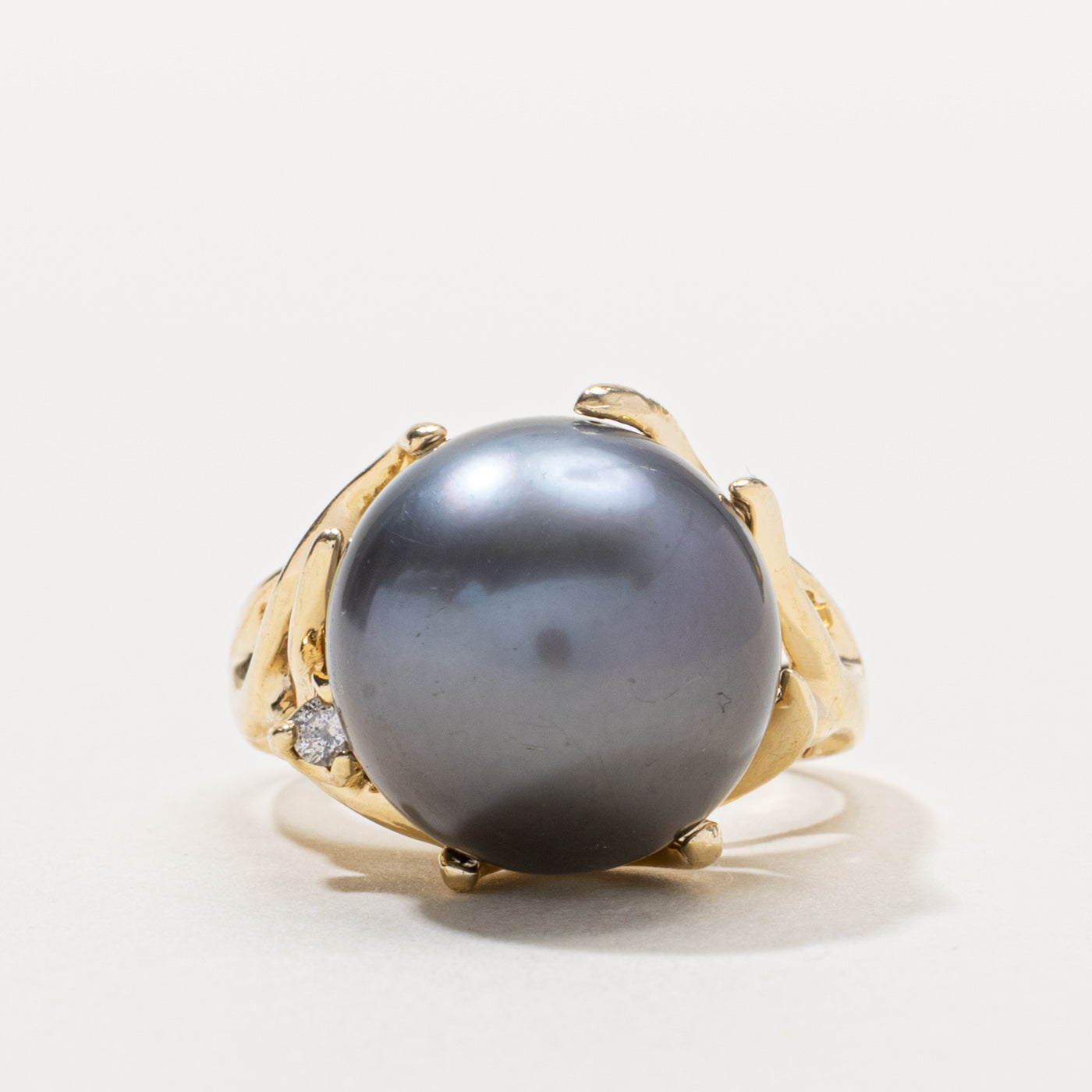 14k Black Pearl & Diamond Cocktail Ring | SZ 6.75