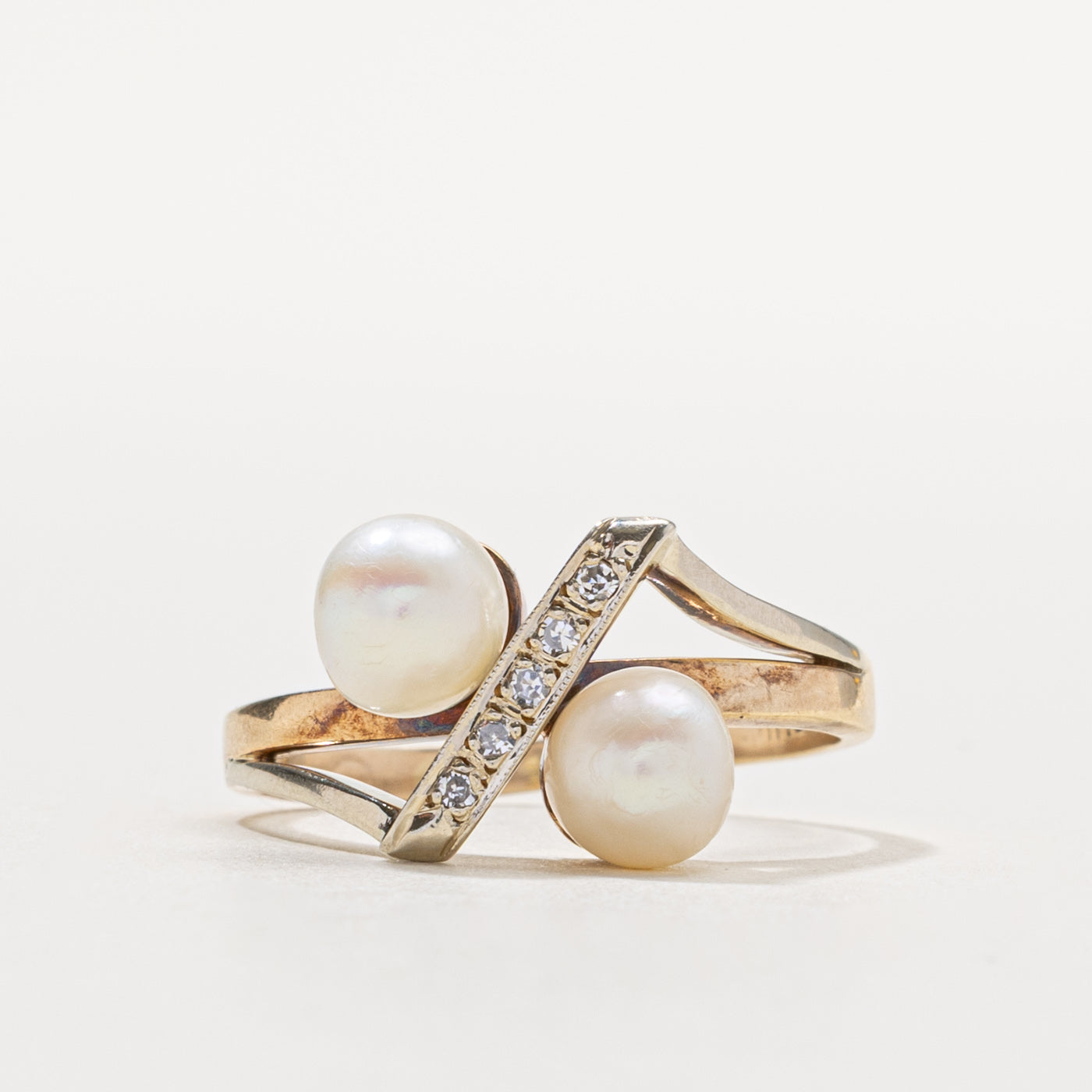 10k Two Stone Pearl & Diamond Bypass Ring | SZ 9.25