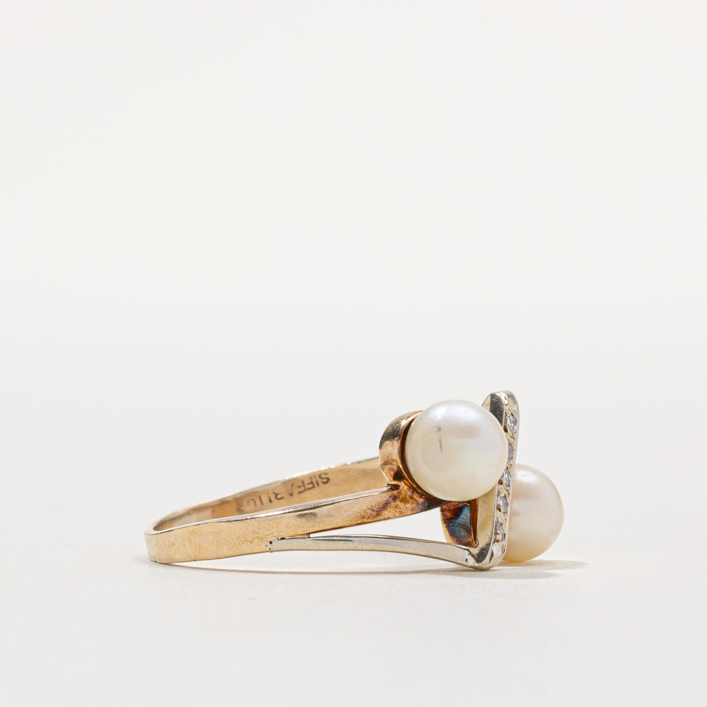 10k Two Stone Pearl & Diamond Bypass Ring | SZ 9.25