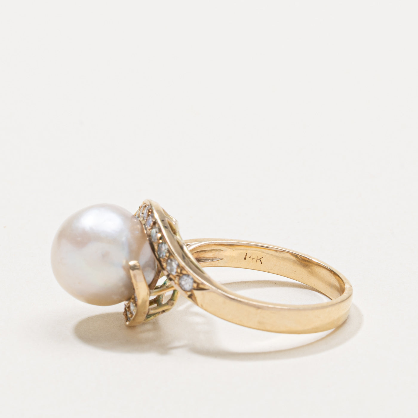 14k Pearl & Diamond Bypass Ring | SZ 8.5