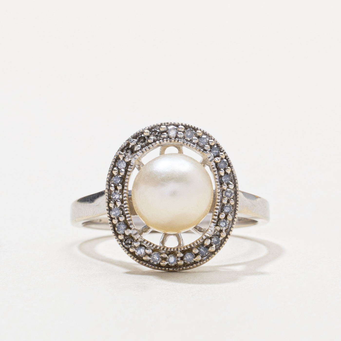 14k Pearl & Diamond Open Halo Ring | SZ 7.25