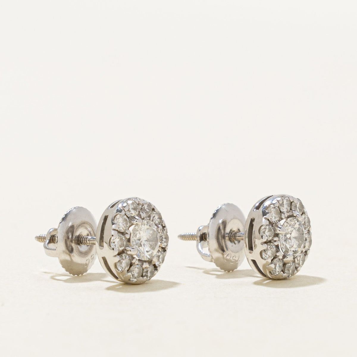 14k White Gold Diamond Halo Stud Earrings | 0.75ctw