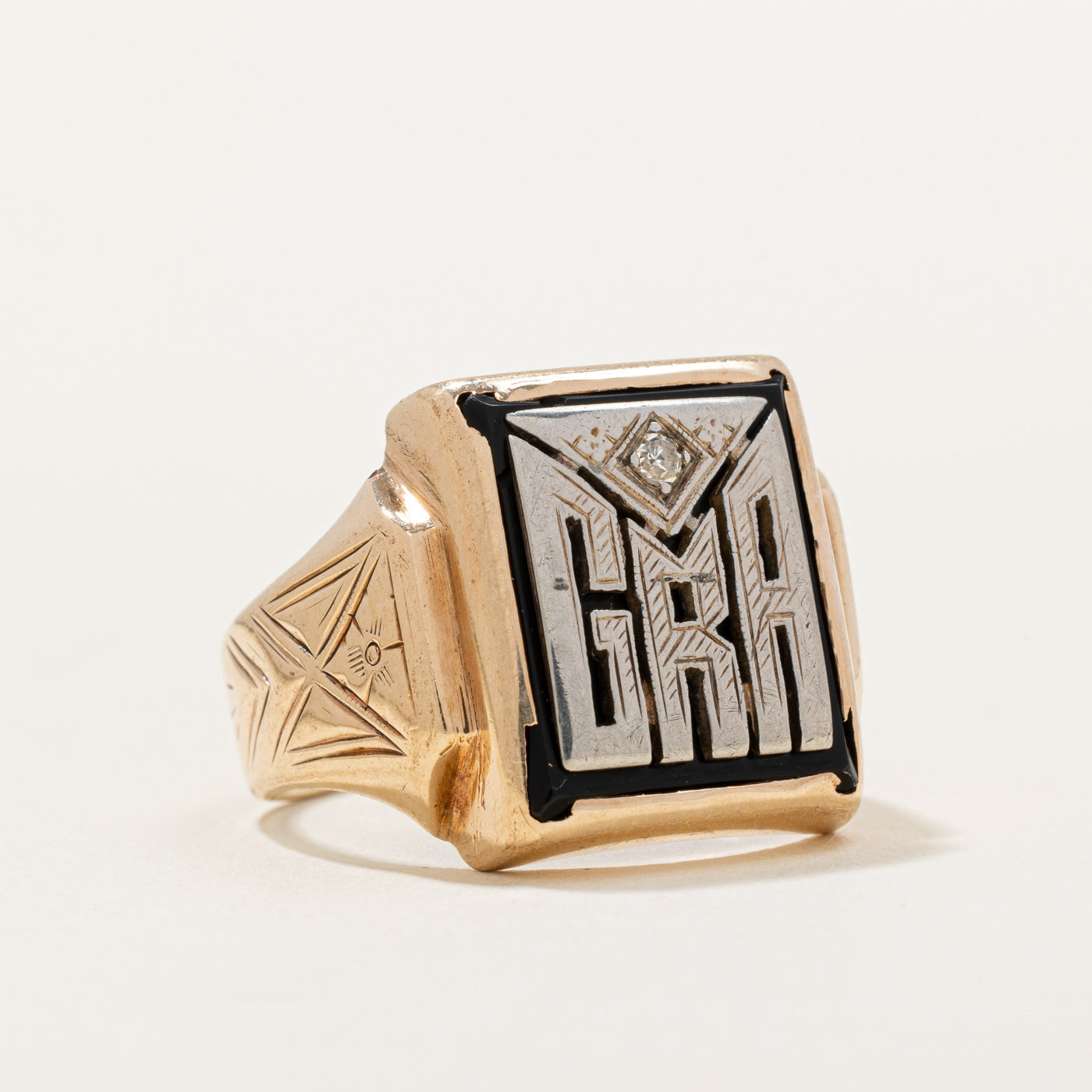 Black Onyx & Diamond 'GRA' Initial Ring | 3.00ct, 0.02ct | SZ 7 |