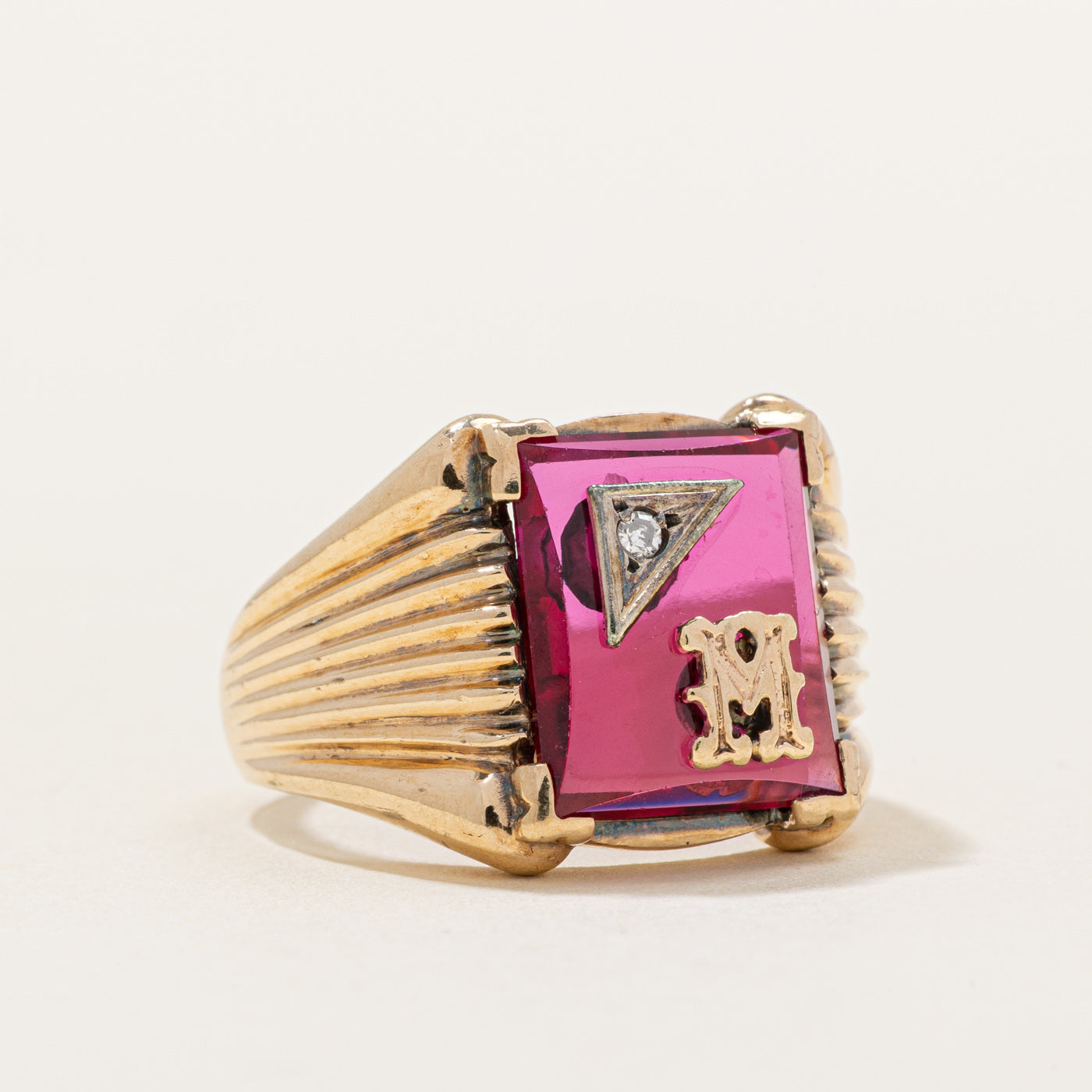 Synthetic Ruby & Natural Diamond 'M' Signet Ring | 3.50ct, 0.01ct | SZ 7.25 |