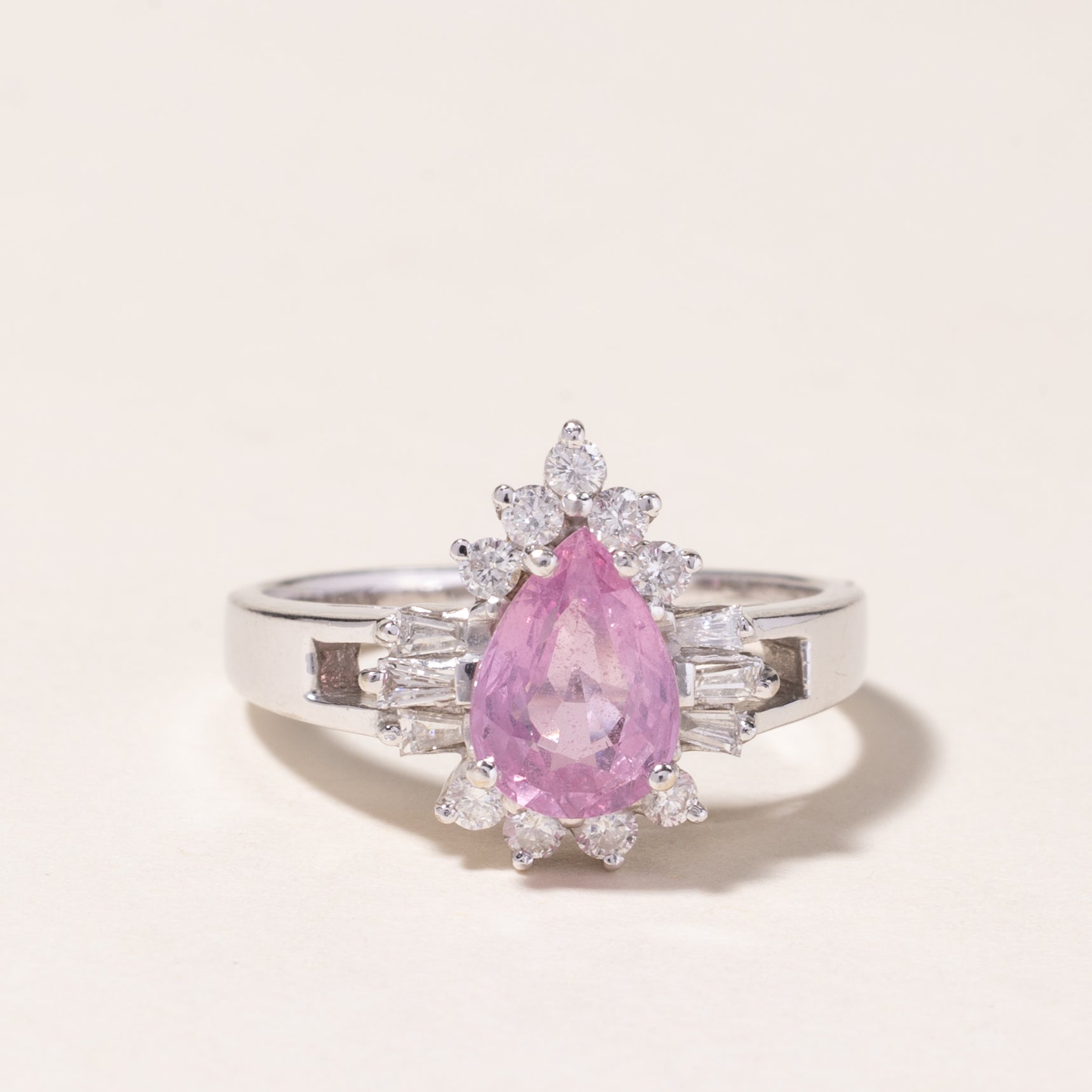 14K White Gold Pear Cut Pink Sapphire Ring | 1.44ct, 0.39ctw | SZ 7 |