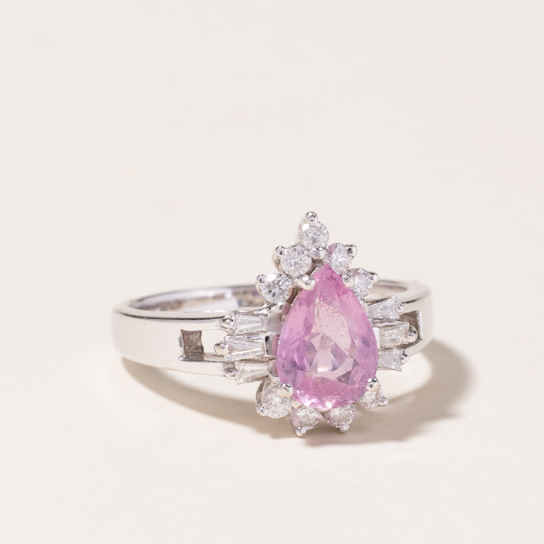 14K White Gold Pear Cut Pink Sapphire Ring | 1.44ct, 0.39ctw | SZ 7 |