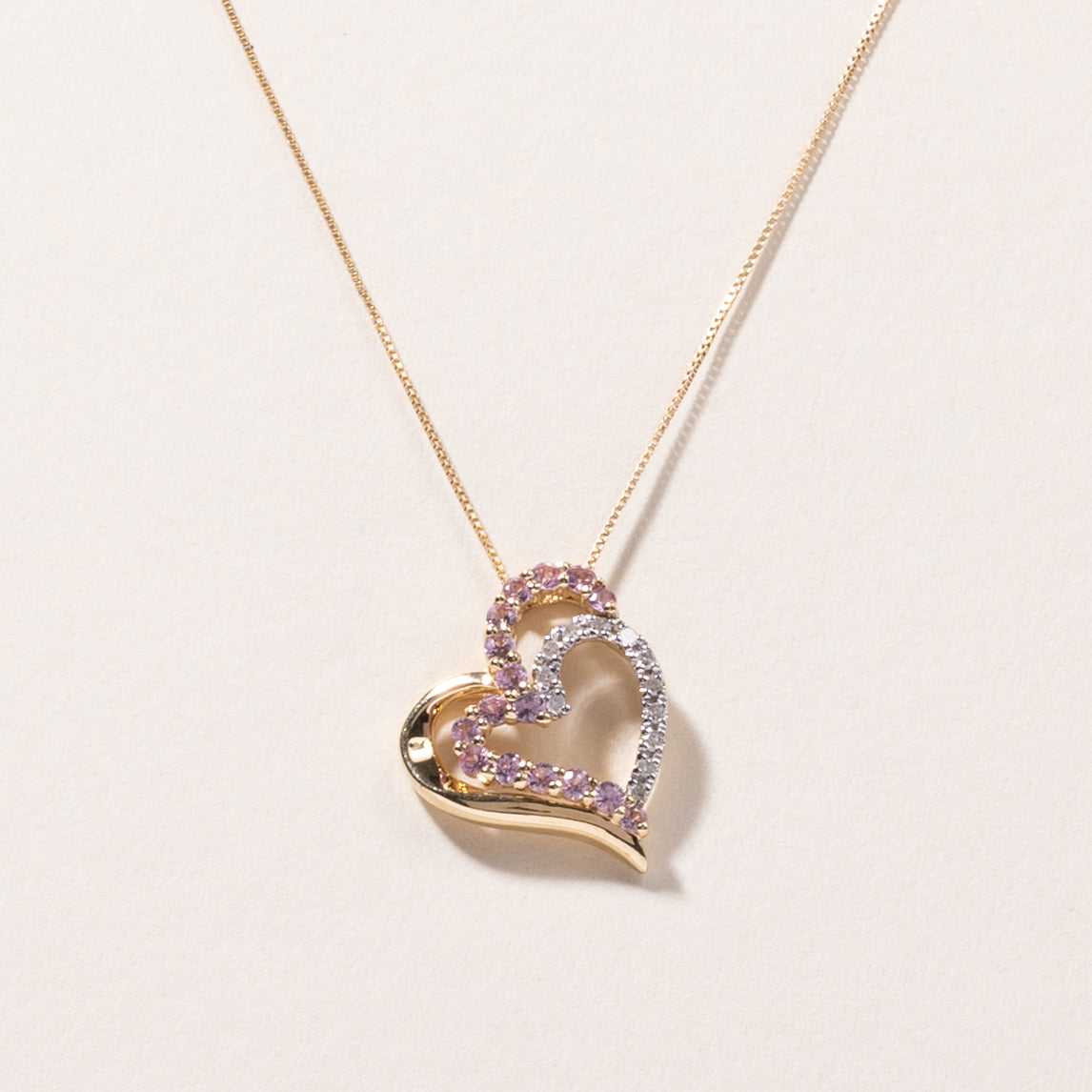Collier pendentif cœur en or jaune 10 carats, topaze rose et diamants | 0,32 ct, 0,12 ct | 56 cm |