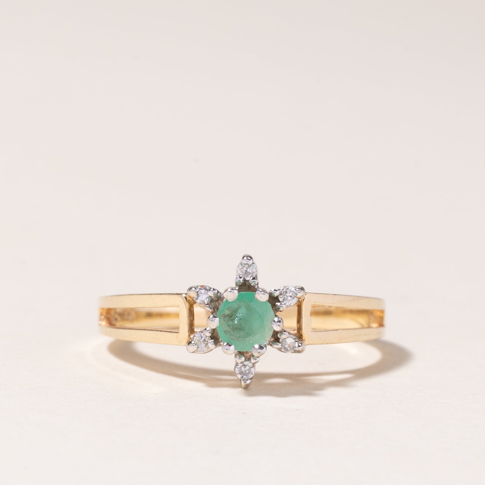 14K Yellow Gold High Set Emerald & Diamond Ring | 0.17ct, 0.03ctw | SZ 6.25 |