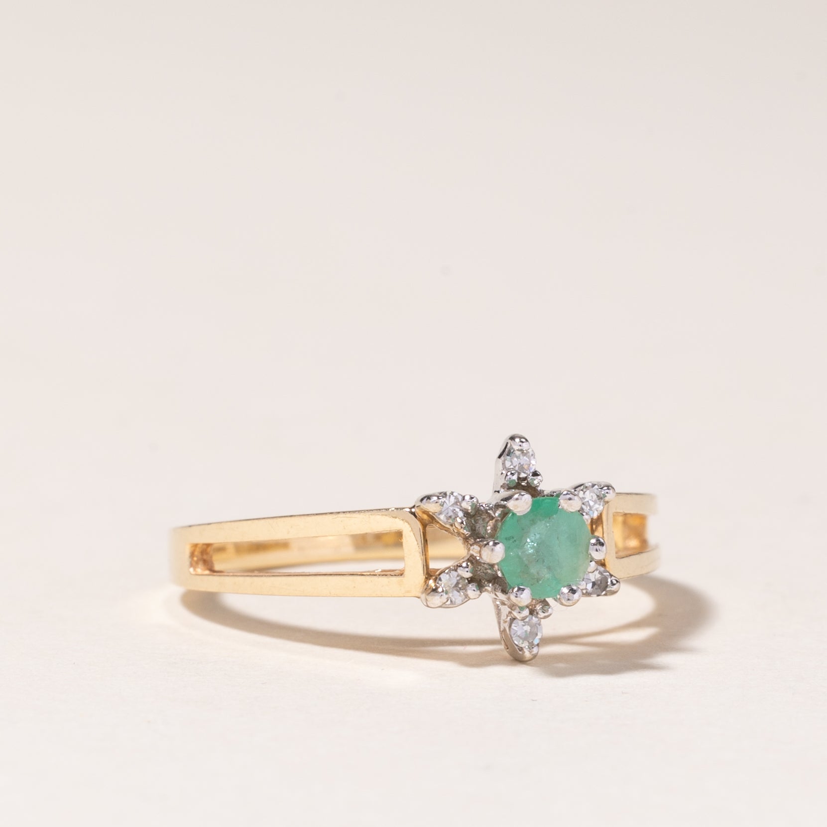 14K Yellow Gold High Set Emerald & Diamond Ring | 0.17ct, 0.03ctw | SZ 6.25 |