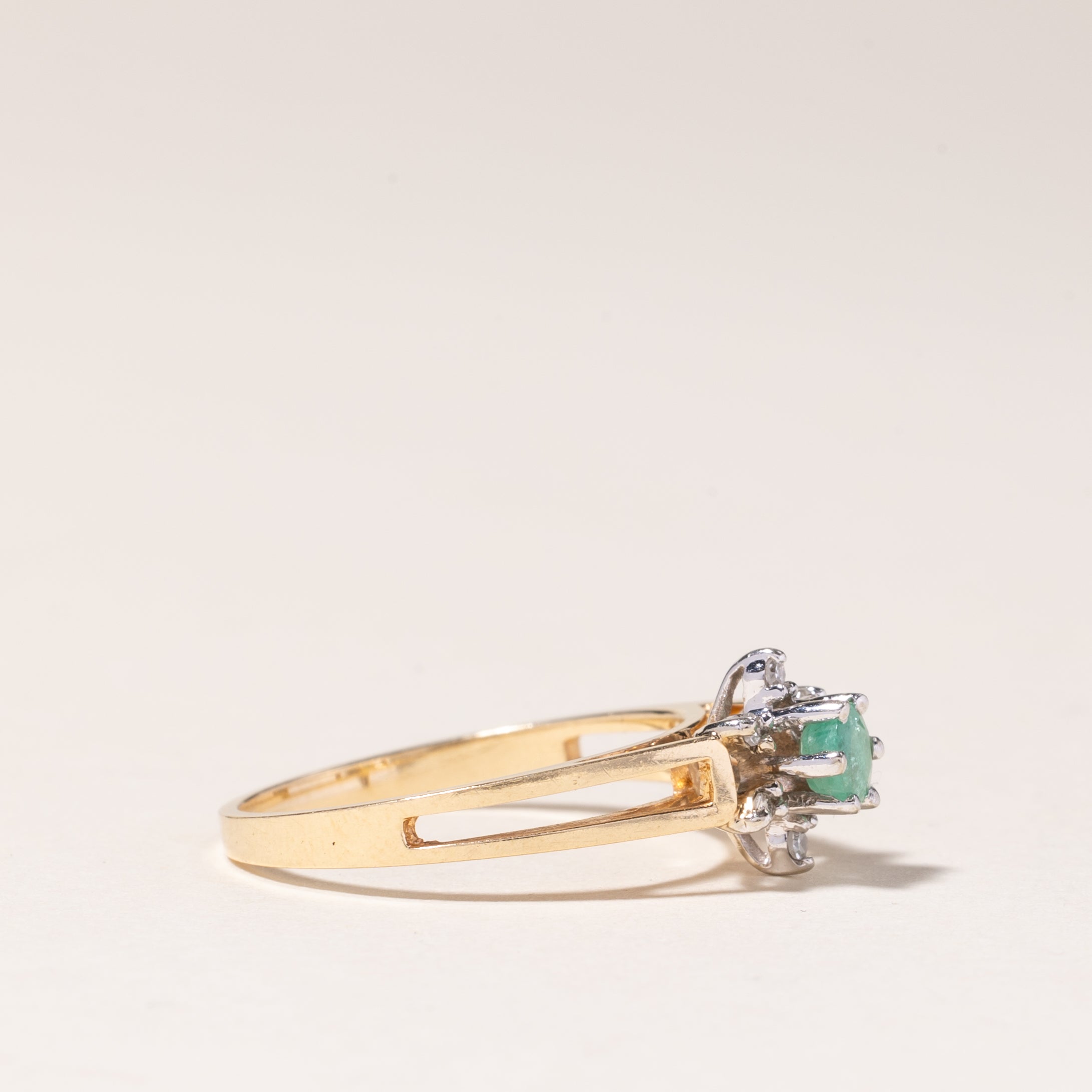 14K Yellow Gold High Set Emerald & Diamond Ring | 0.17ct, 0.03ctw | SZ 6.25 |