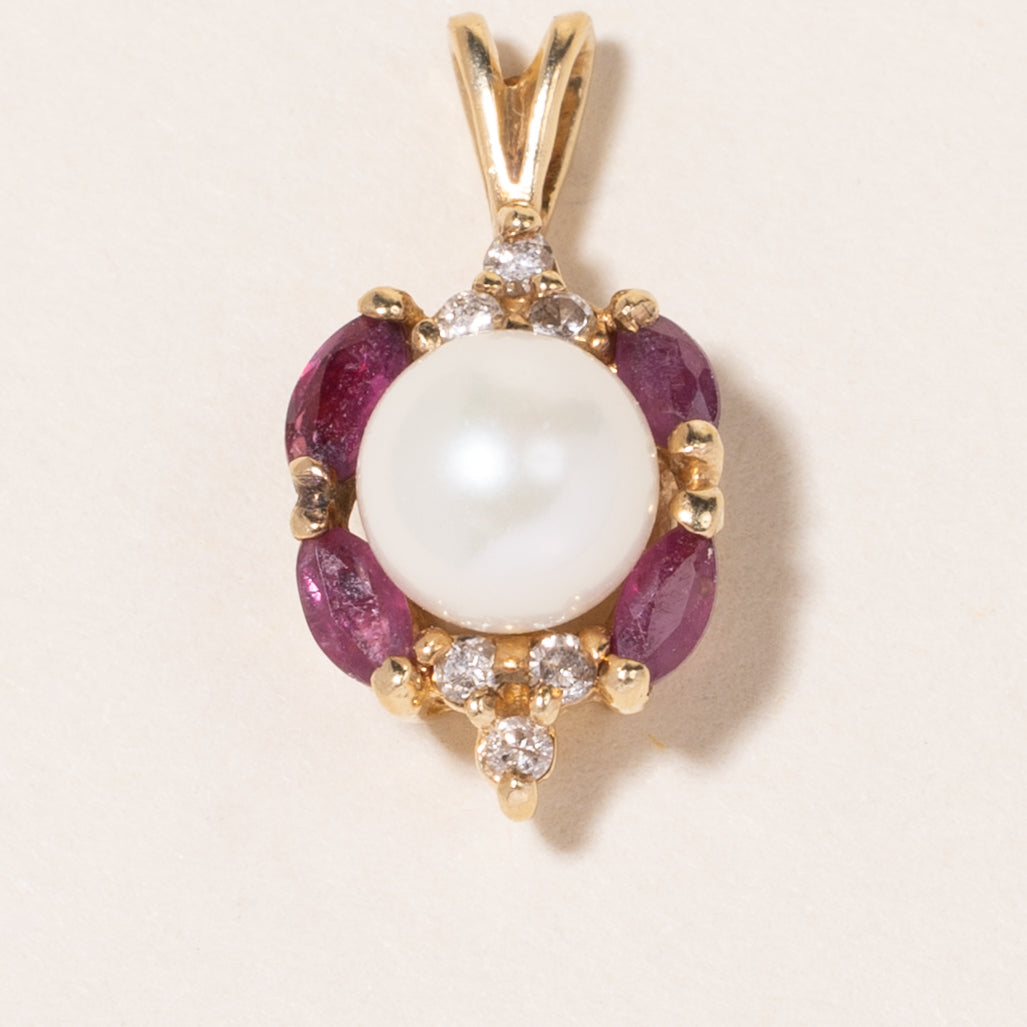 10K Yellow Gold Pearl, Red Spinel & Diamond Pendant | 6.57mm, 0.28ctw, 0.09ctw |