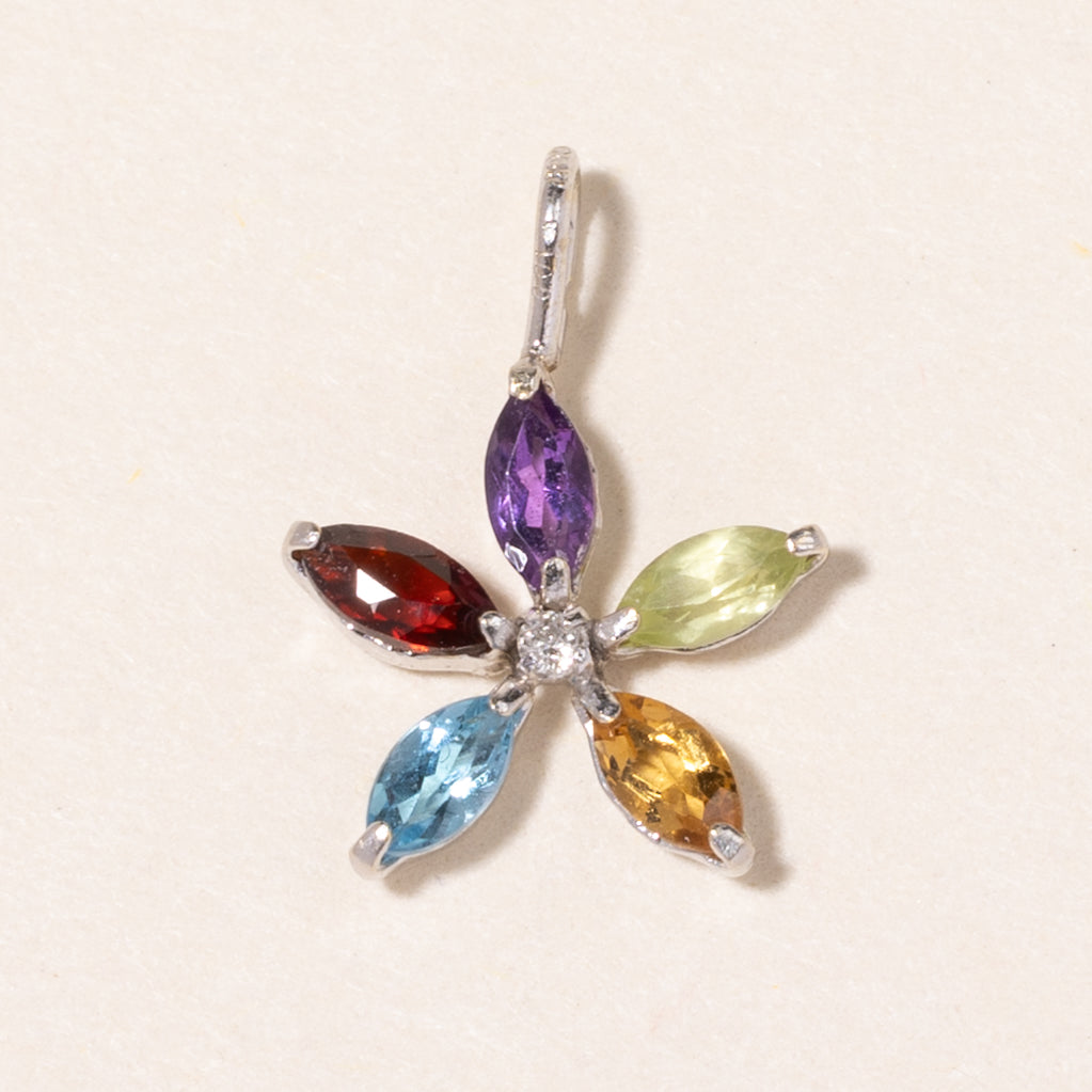 Pendentif fleur en or blanc 14 carats serti de plusieurs pierres précieuses et de diamants | 0,34 ct au total, 0,01 ct |
