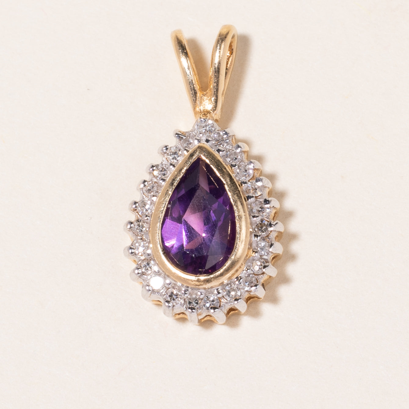 14K Yellow Gold Pear Shaped Amethyst Halo Pendant | 0.85ct, 0.12ctw |