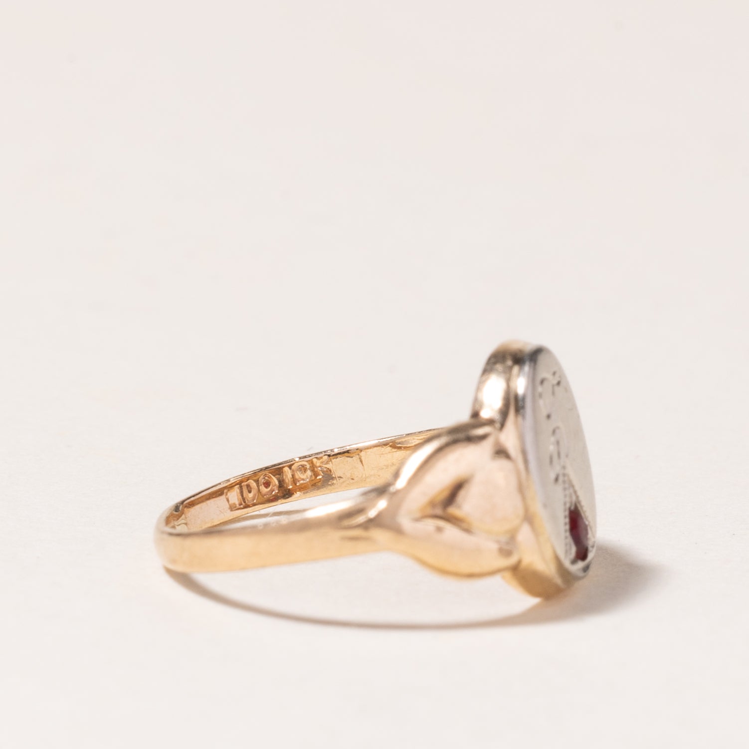 10K Yellow Gold Synthetic Red Stone Signet "L" Ring | SZ 1.75 |