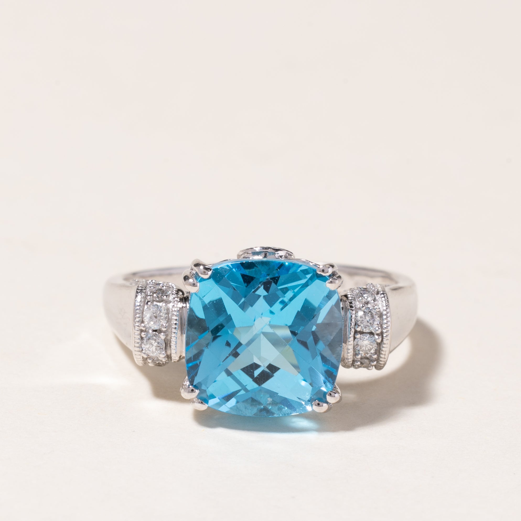 14K White Gold Blue Topaz & Diamond Ring | 4.67ctw, 0.08ctw | SZ 7.75 |