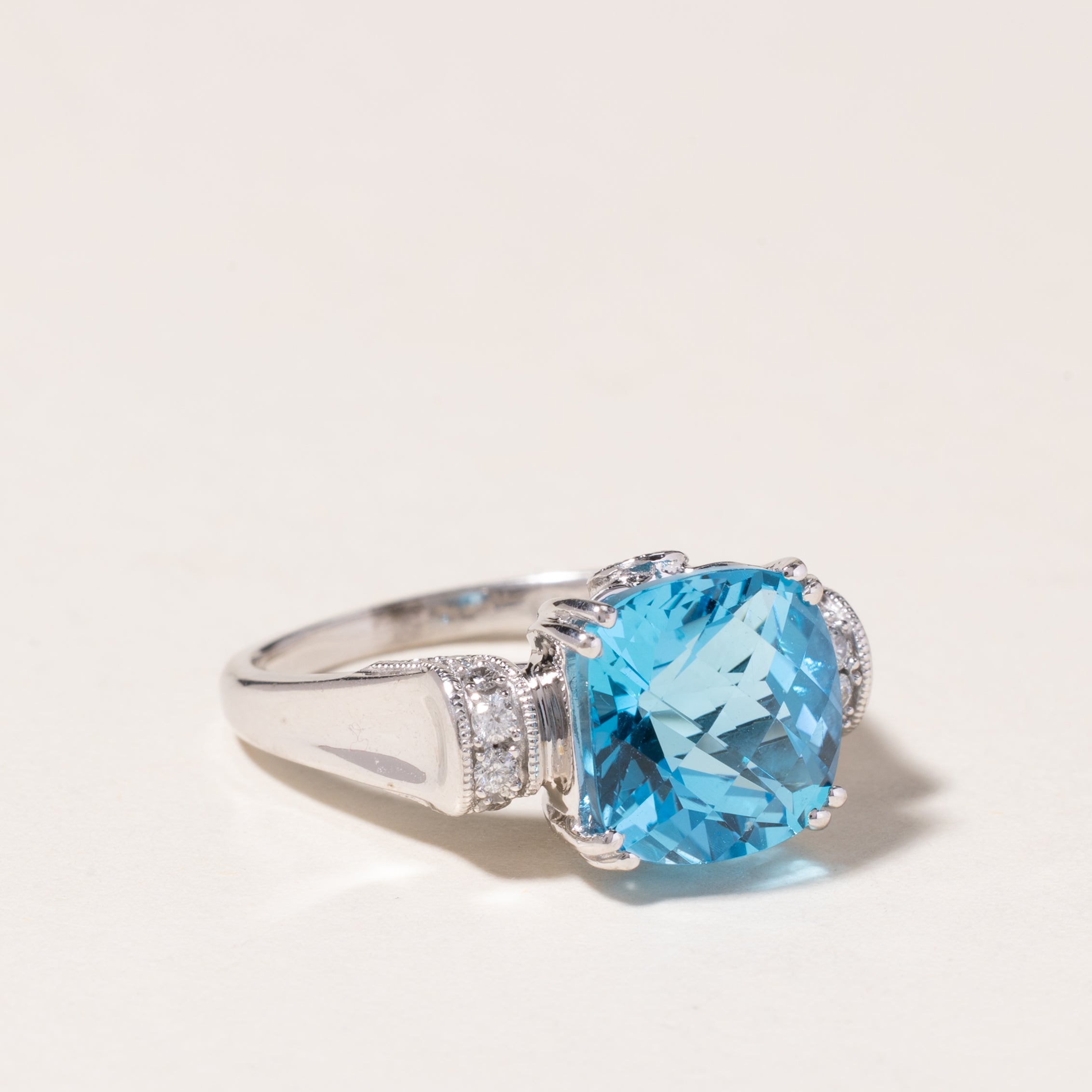 14K White Gold Blue Topaz & Diamond Ring | 4.67ctw, 0.08ctw | SZ 7.75 |