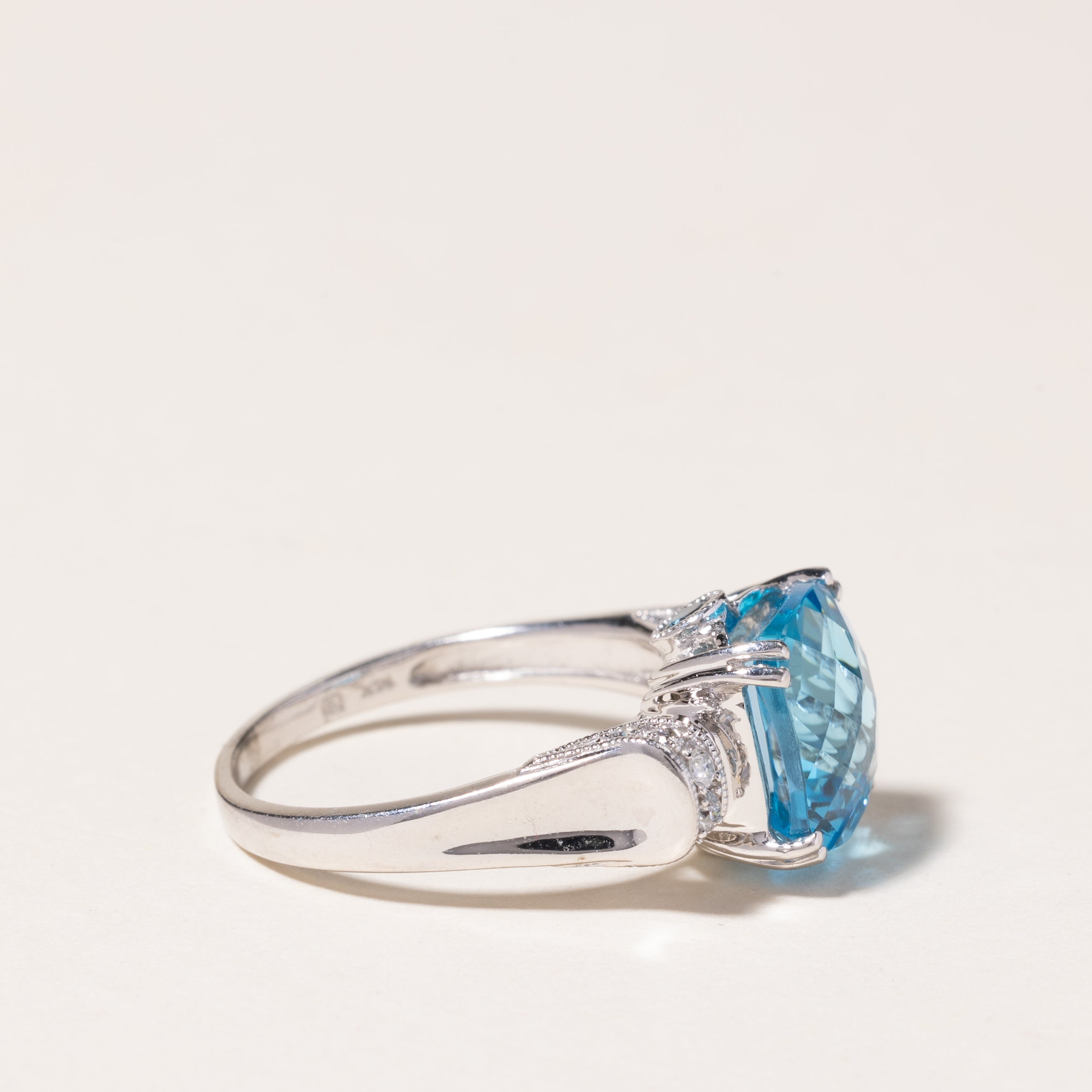 14K White Gold Blue Topaz & Diamond Ring | 4.67ctw, 0.08ctw | SZ 7.75 |
