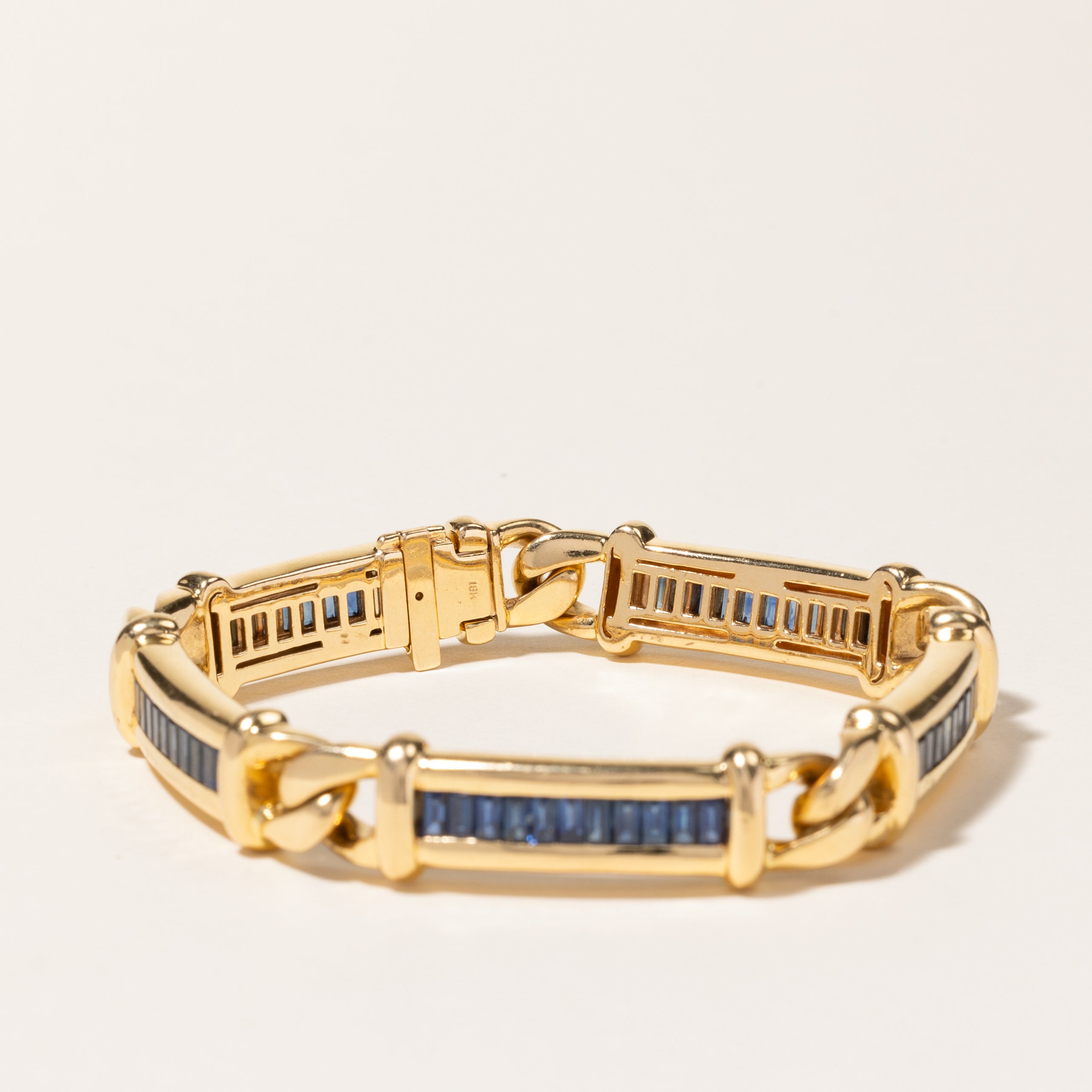 18K Yellow Gold Channel Set Baguette Cut Sapphire Link Bracelet | 2.50ctw | 7.5"